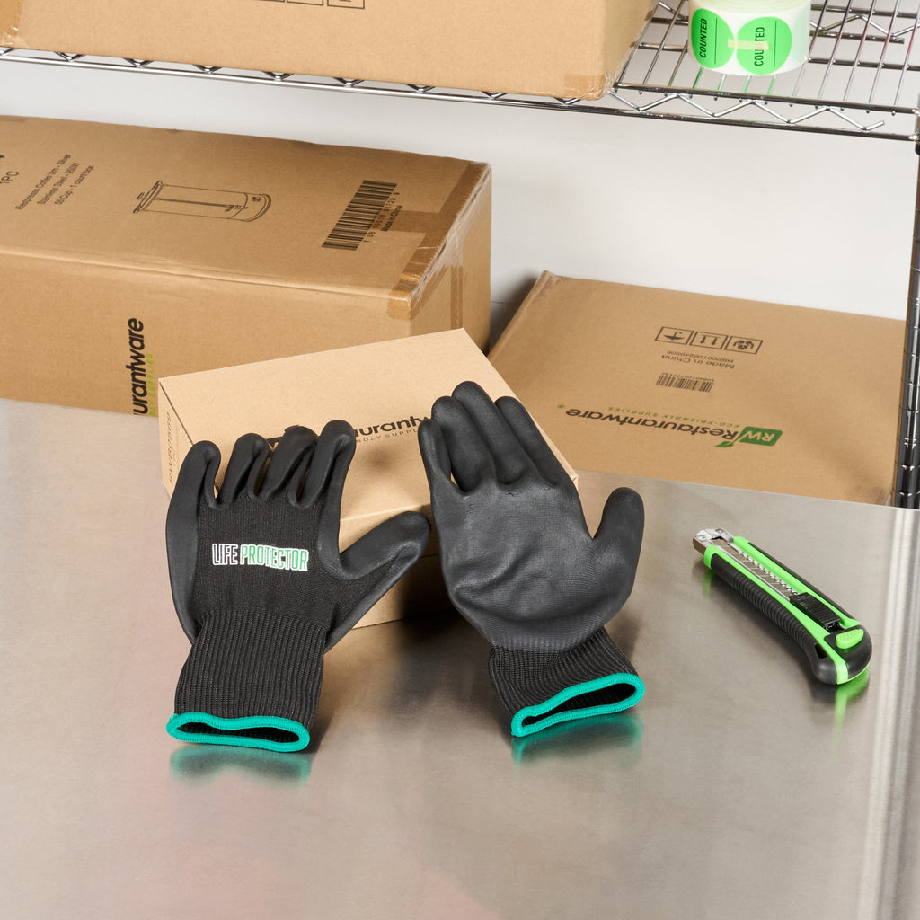 Life Protector Black HPPE Nylon / Spandex Medium Work Gloves - with Ultra-Thin Foam Nitrile Palm Coating,Cut-Resistant - Pair - 10 count box