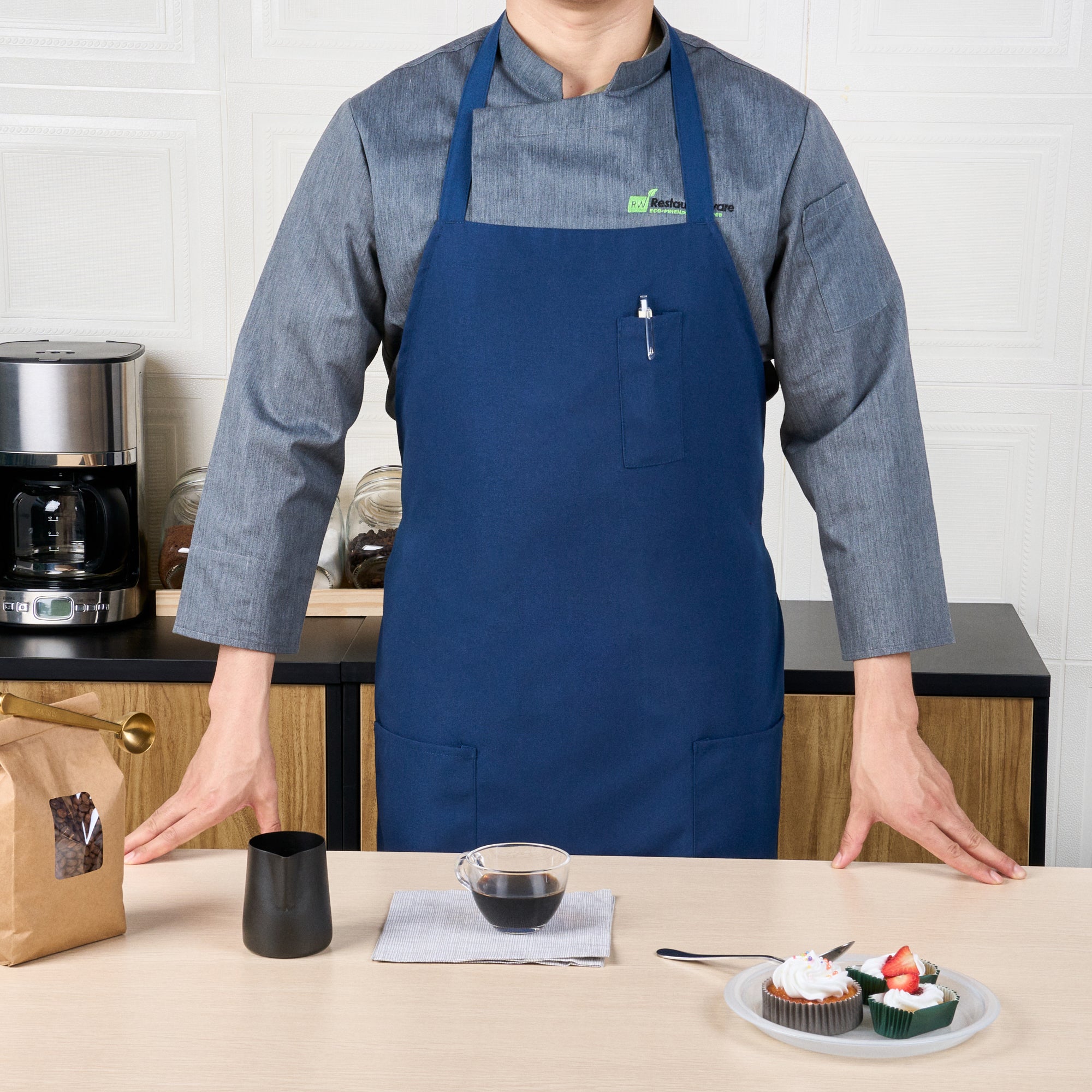 Chef 101 Blue Standard Bib Apron - with 3 Pockets - 32 1/2'' x 27 1/2'' - 1 count box