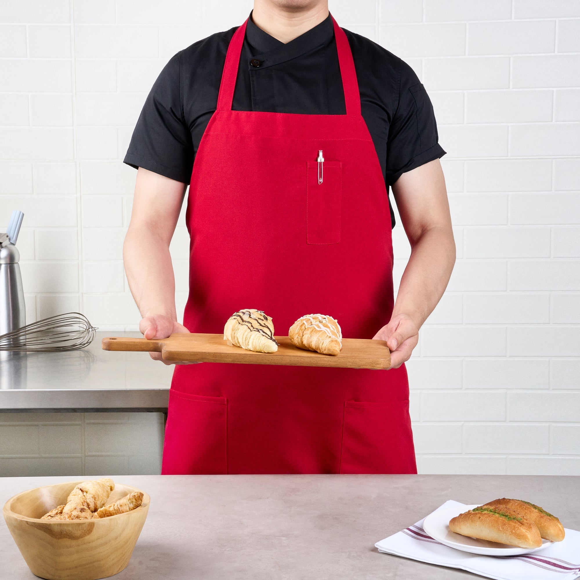Chef 101 Red Standard Bib Apron - with 3 Pockets - 32 1/2'' x 27 1/2'' - 1 count box