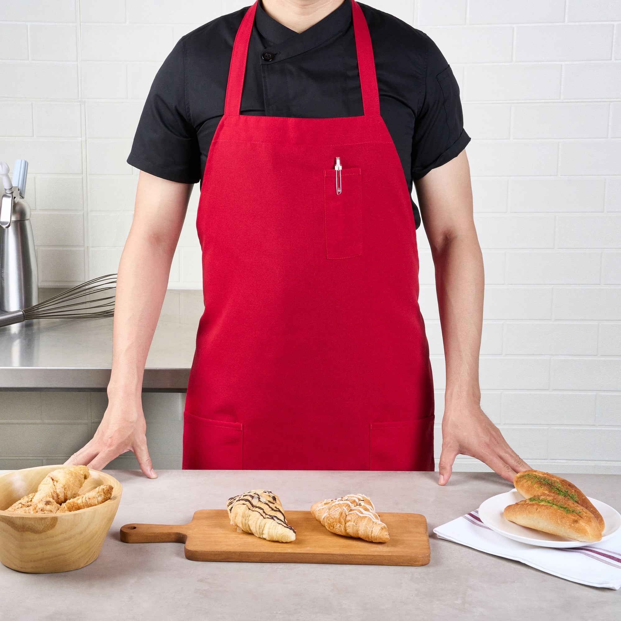 Chef 101 Red Standard Bib Apron - with 3 Pockets - 32 1/2'' x 27 1/2'' - 100 count box