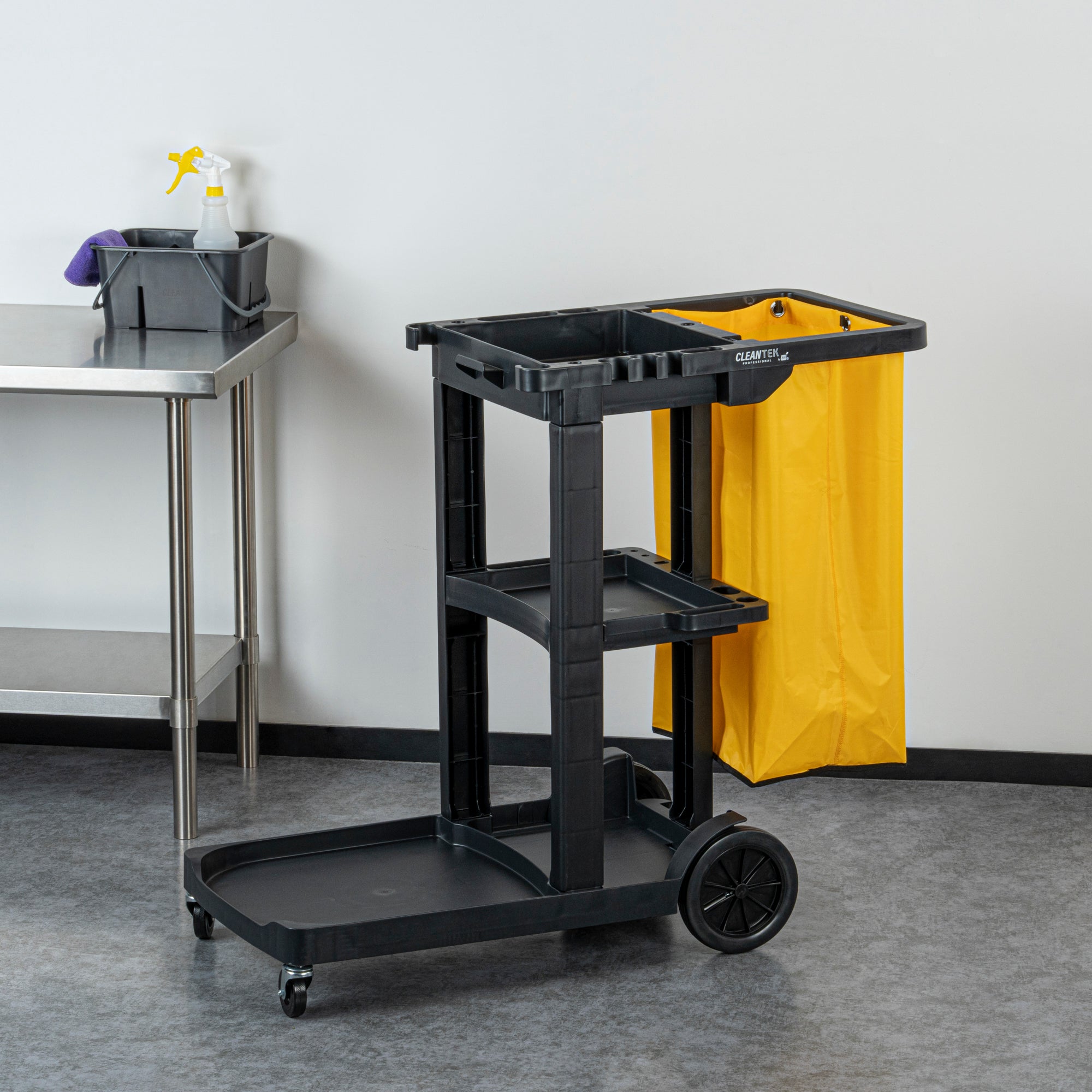 Clean Tek Professional Black 3-Shelf Janitor Cart - 18 gal Bag - 44" x 18 1/2" x 37 3/4" - 1 count box