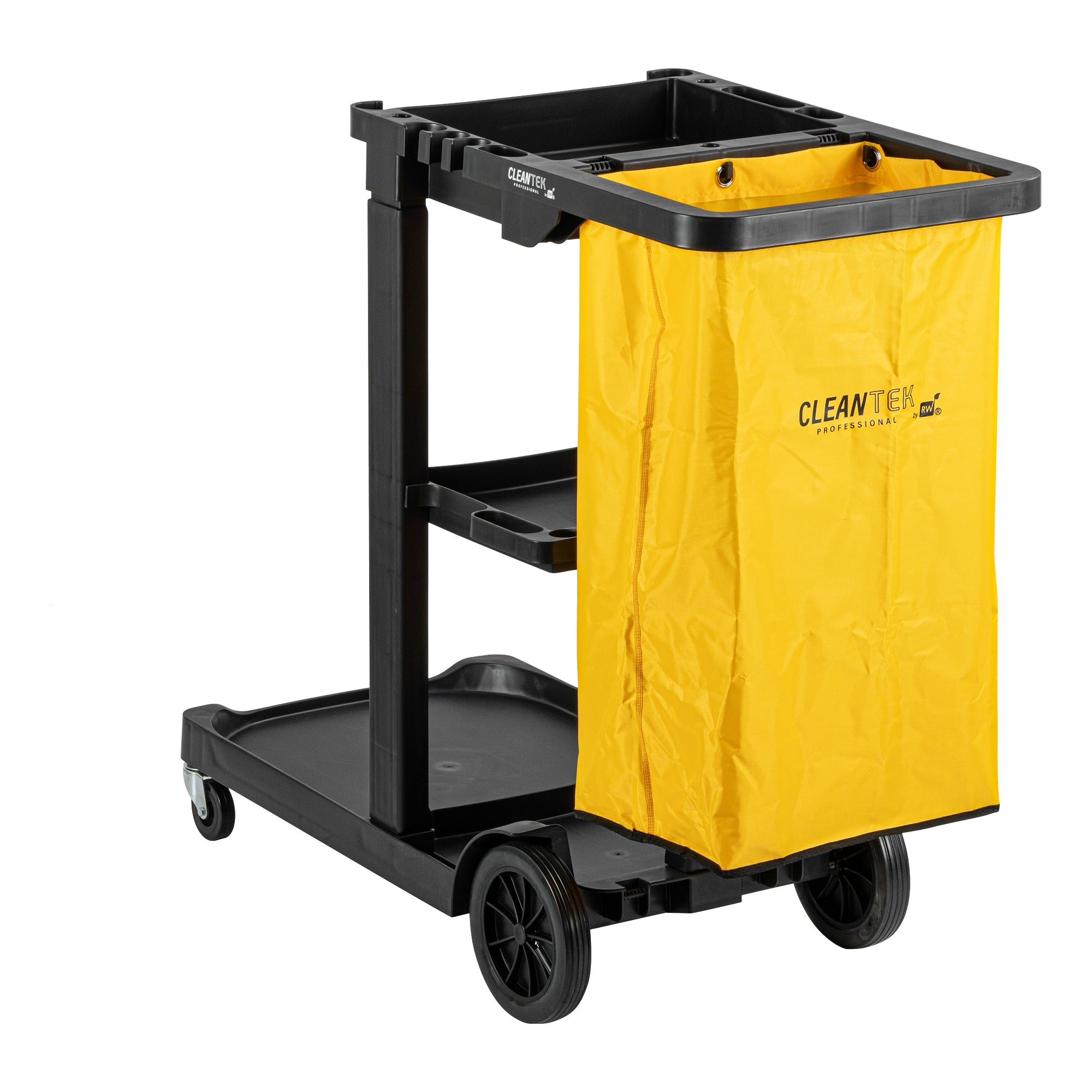 Clean Tek Professional Black 3-Shelf Janitor Cart - 18 gal Bag - 44" x 18 1/2" x 37 3/4" - 1 count box