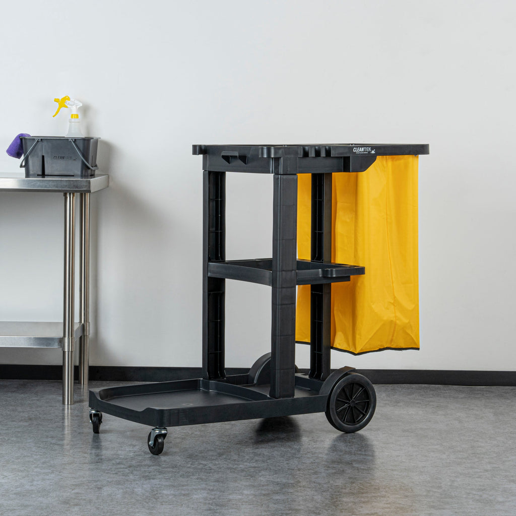 Clean Tek Professional Black 3-Shelf Janitor Cart - 18 gal Bag - 44" x 18 1/2" x 37 3/4" - 1 count box