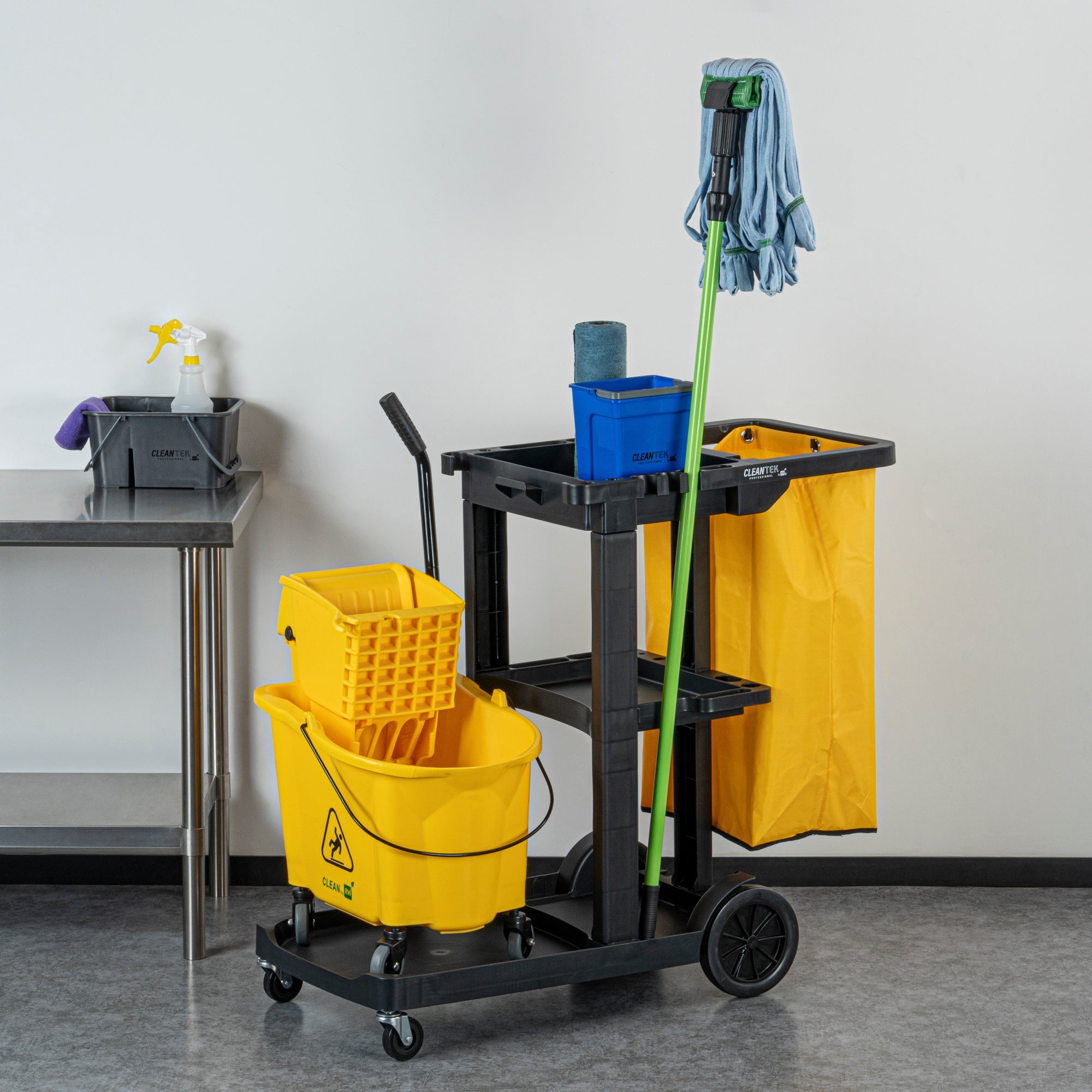 Clean Tek Professional Black 3-Shelf Janitor Cart - 18 gal Bag - 44" x 18 1/2" x 37 3/4" - 1 count box