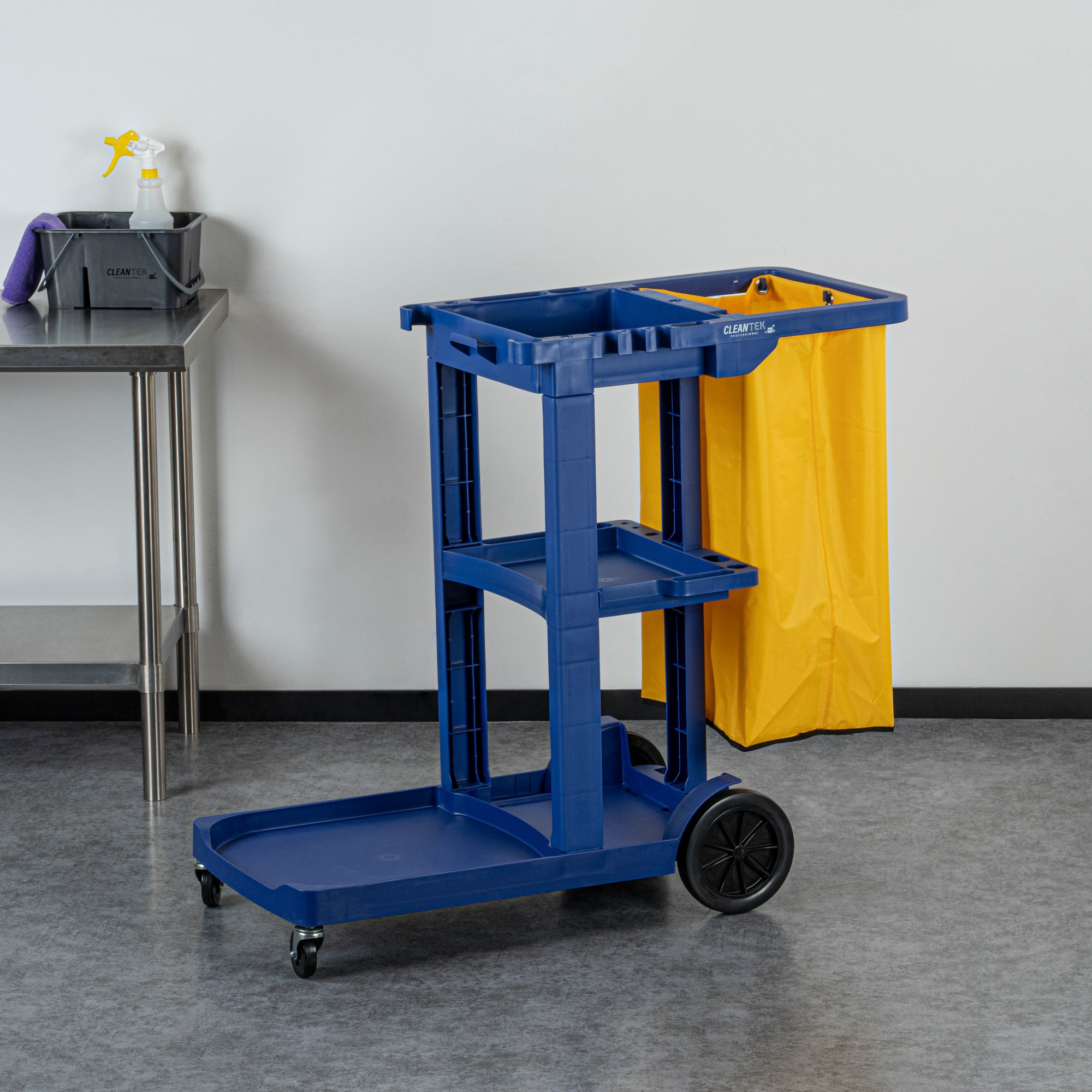 Clean Tek Professional Blue 3-Shelf Janitor Cart - 18 gal Bag - 44" x 18 1/2" x 37 3/4" - 1 count box