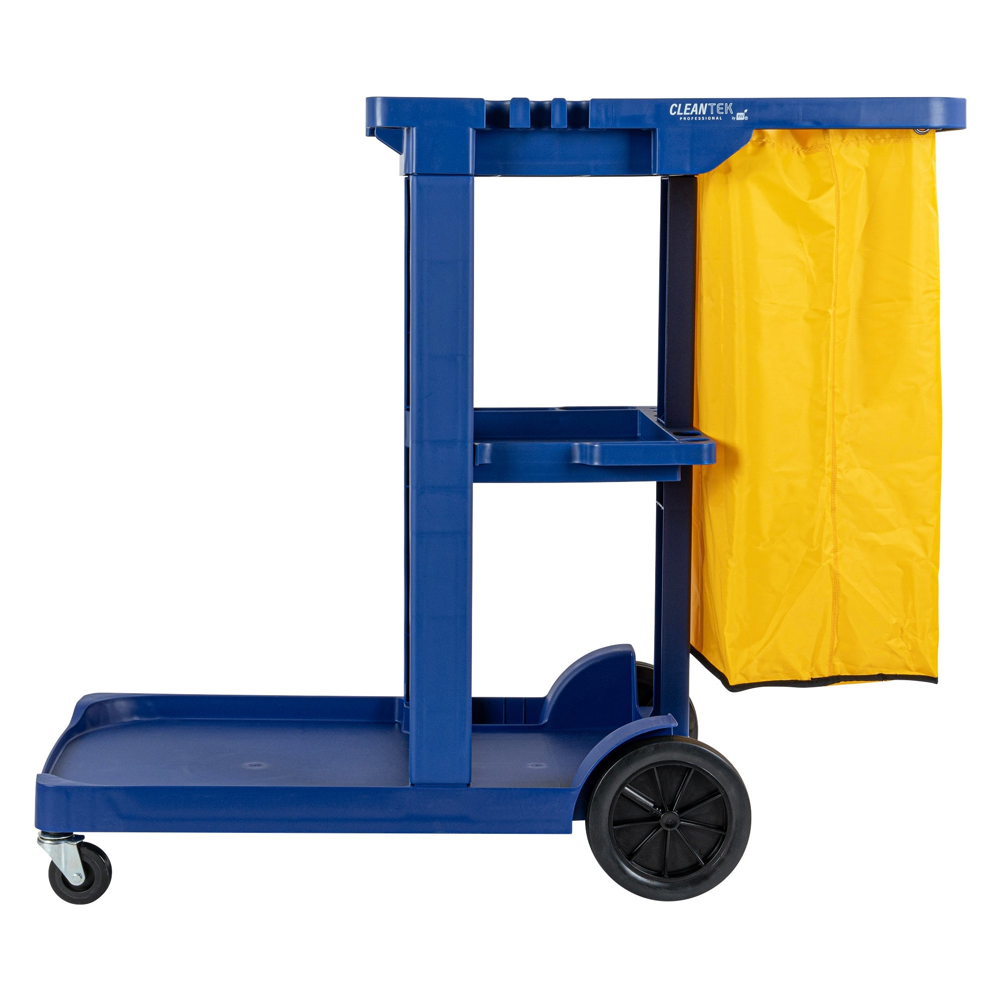 Clean Tek Professional Blue 3-Shelf Janitor Cart - 18 gal Bag - 44" x 18 1/2" x 37 3/4" - 1 count box