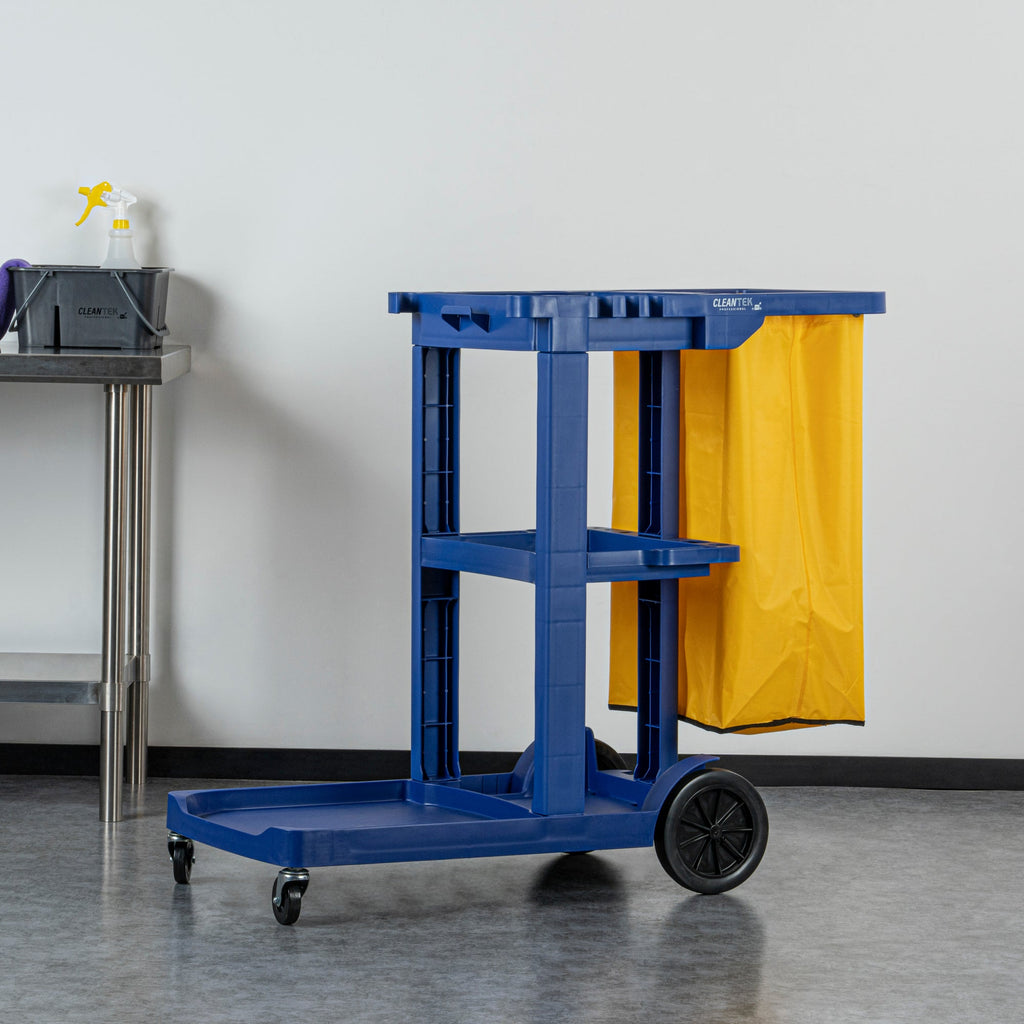 Clean Tek Professional Blue 3-Shelf Janitor Cart - 18 gal Bag - 44" x 18 1/2" x 37 3/4" - 1 count box
