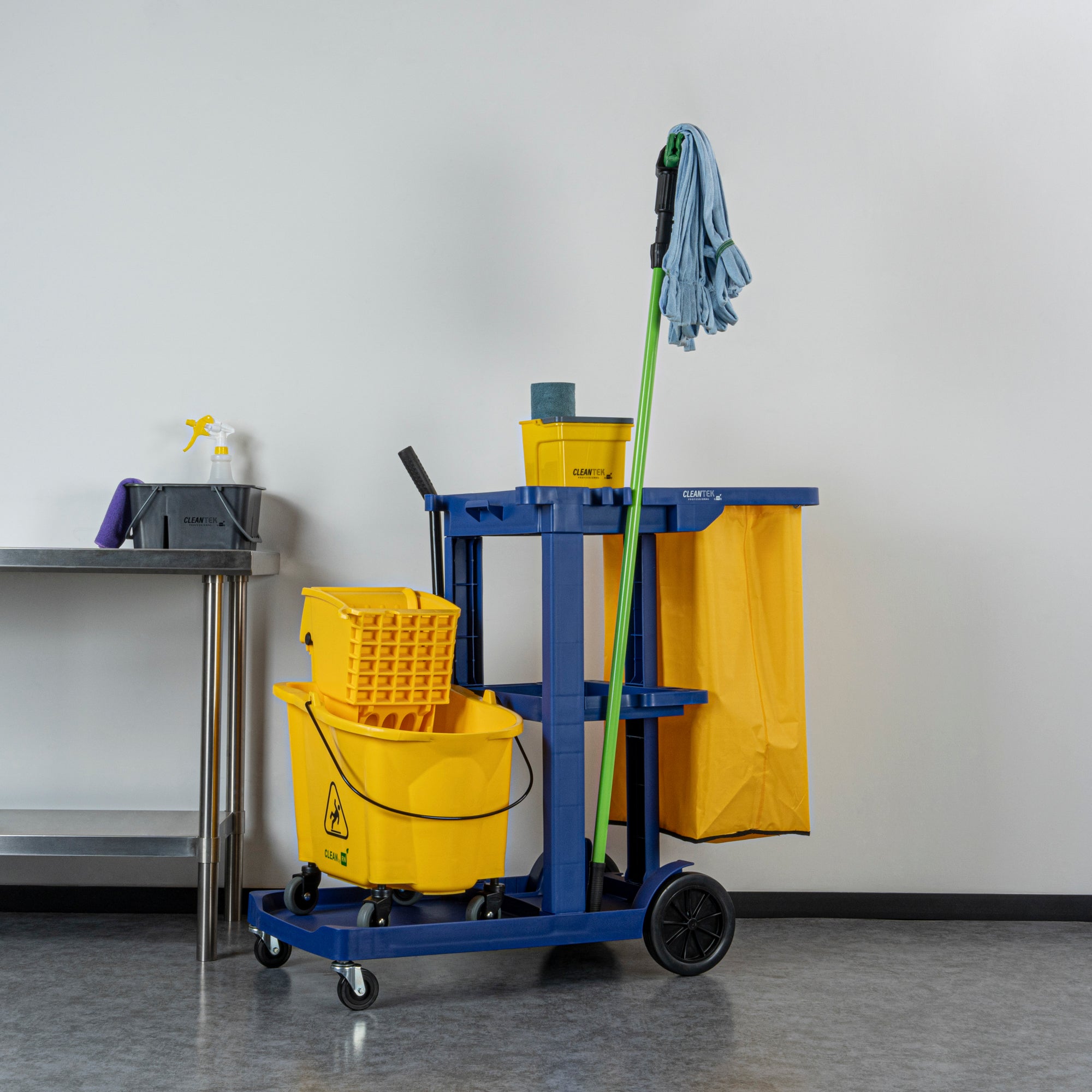 Clean Tek Professional Blue 3-Shelf Janitor Cart - 18 gal Bag - 44" x 18 1/2" x 37 3/4" - 1 count box