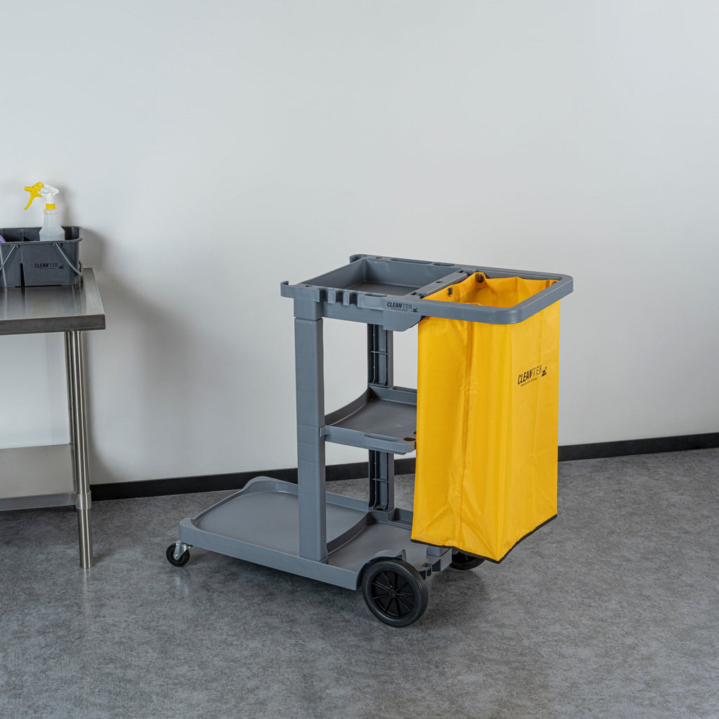 Clean Tek Professional Gray 3-Shelf Janitor Cart - 18 gal Bag - 44" x 18 1/2" x 37 3/4" - 1 count box