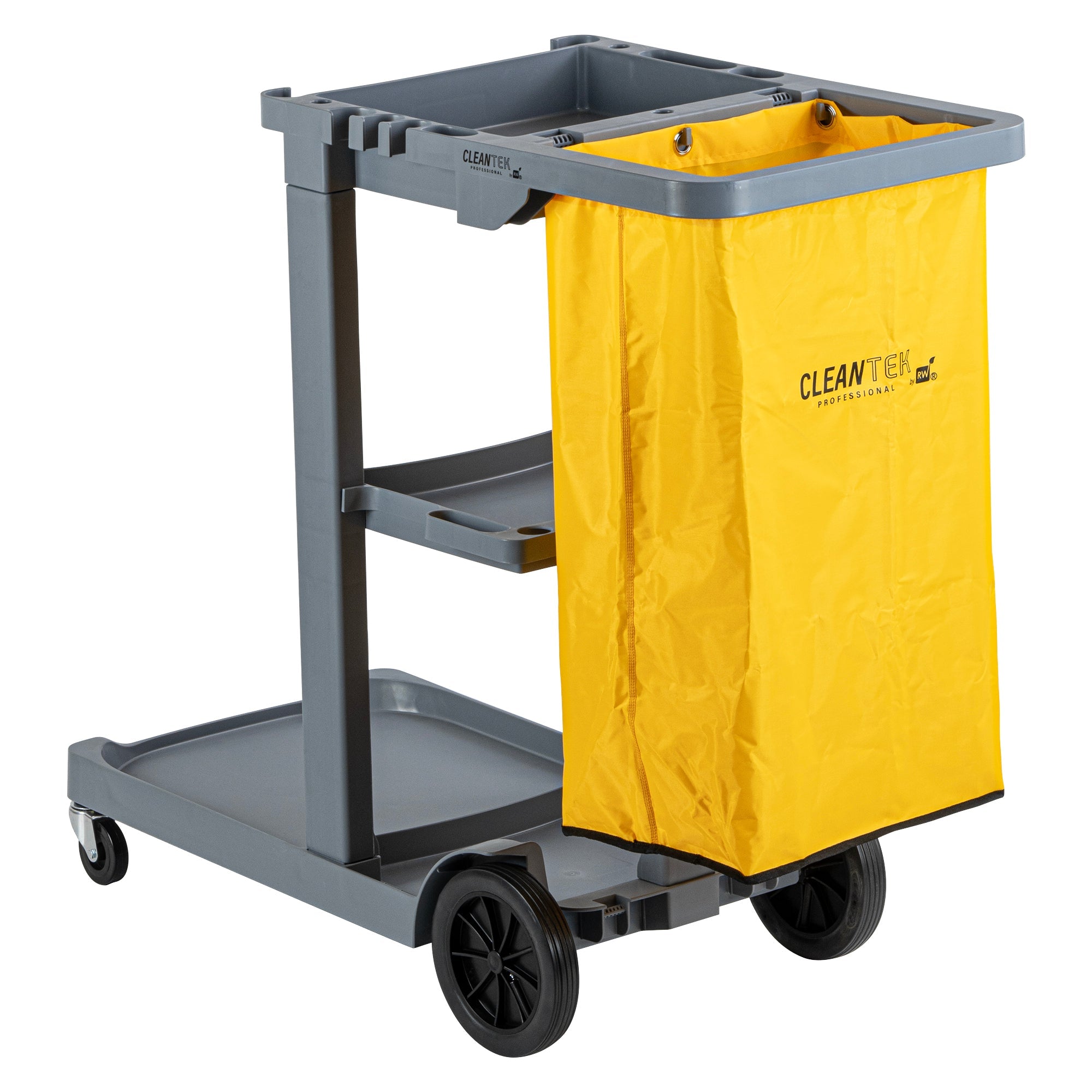 Clean Tek Professional Gray 3-Shelf Janitor Cart - 18 gal Bag - 44" x 18 1/2" x 37 3/4" - 1 count box