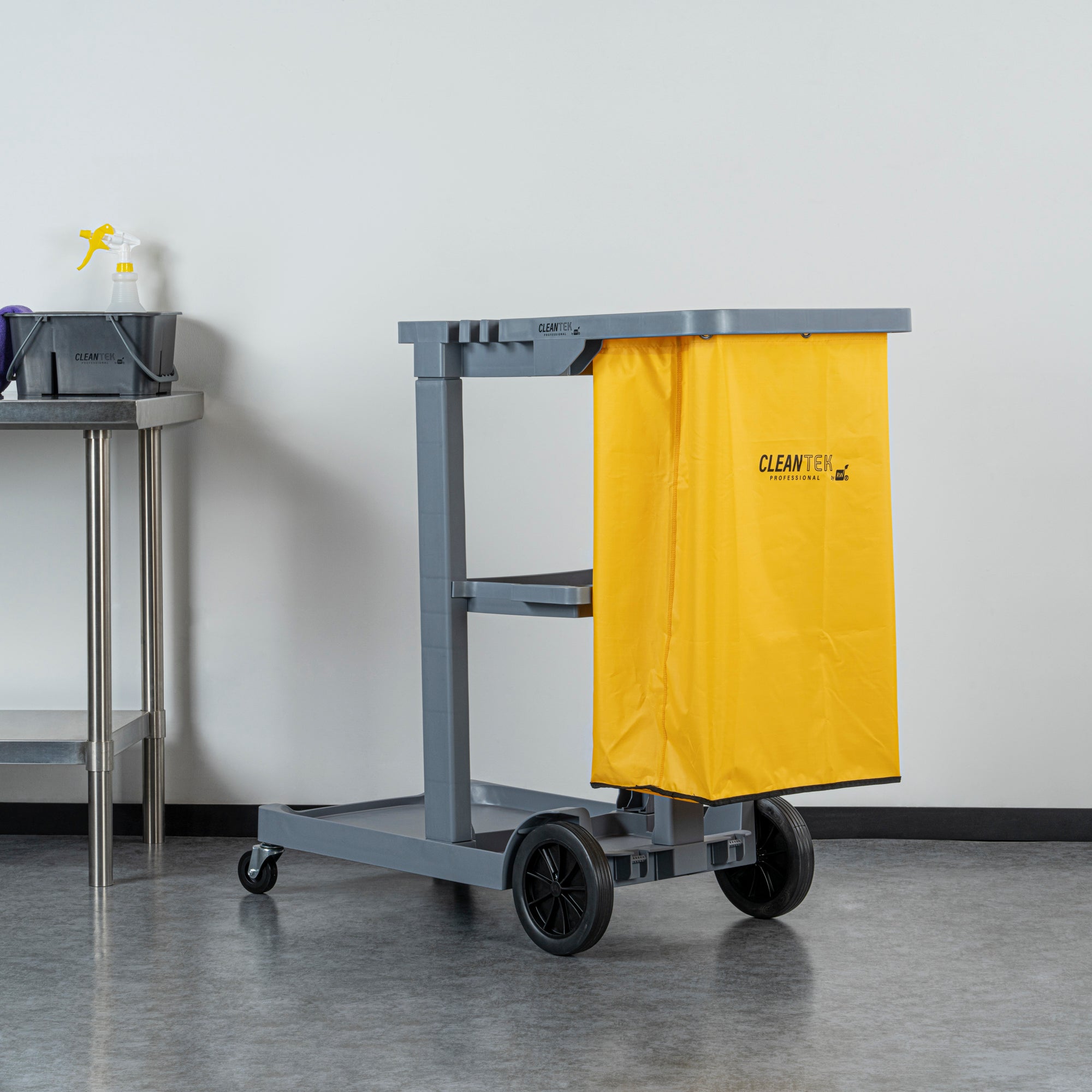 Clean Tek Professional Gray 3-Shelf Janitor Cart - 18 gal Bag - 44" x 18 1/2" x 37 3/4" - 1 count box
