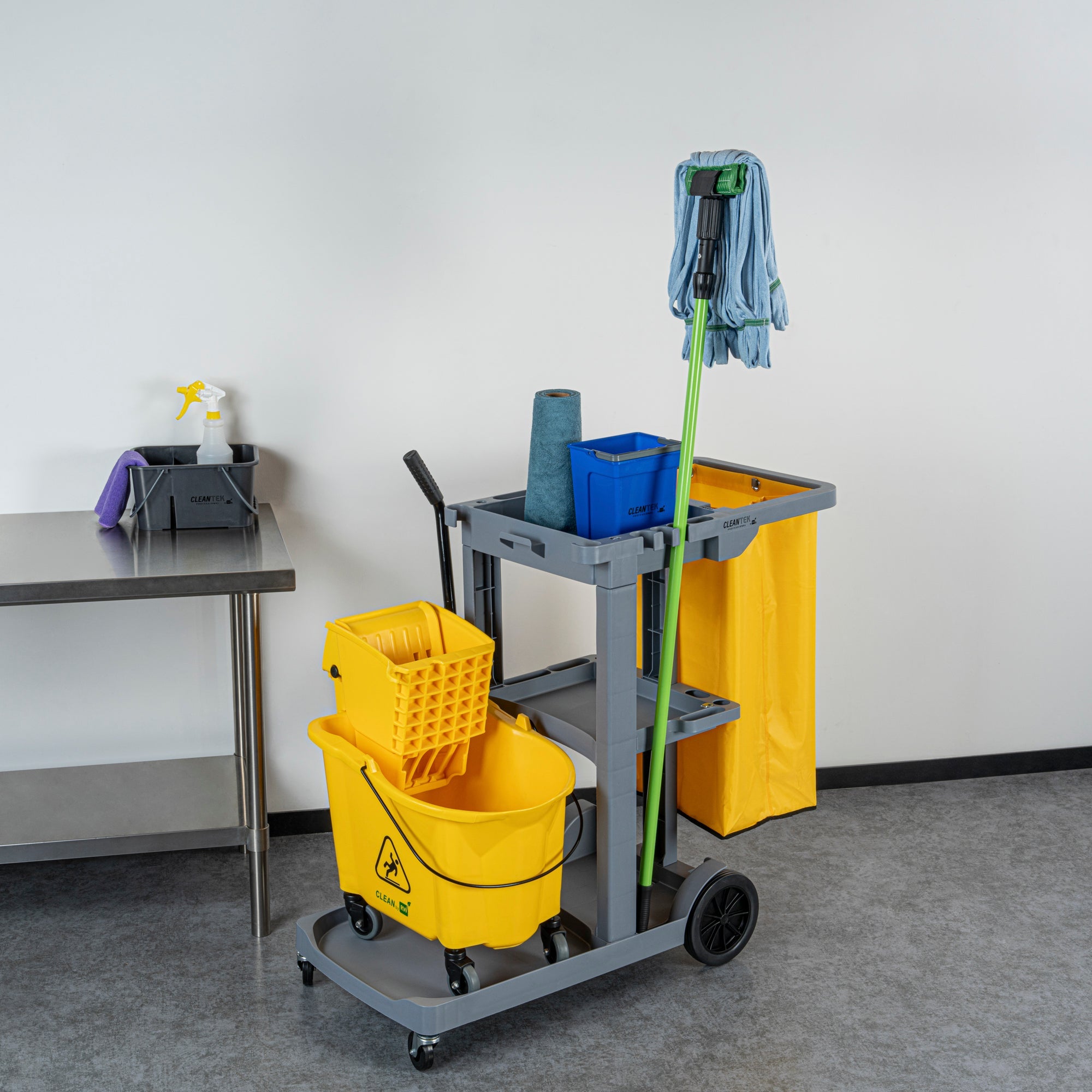 Clean Tek Professional Gray 3-Shelf Janitor Cart - 18 gal Bag - 44" x 18 1/2" x 37 3/4" - 1 count box