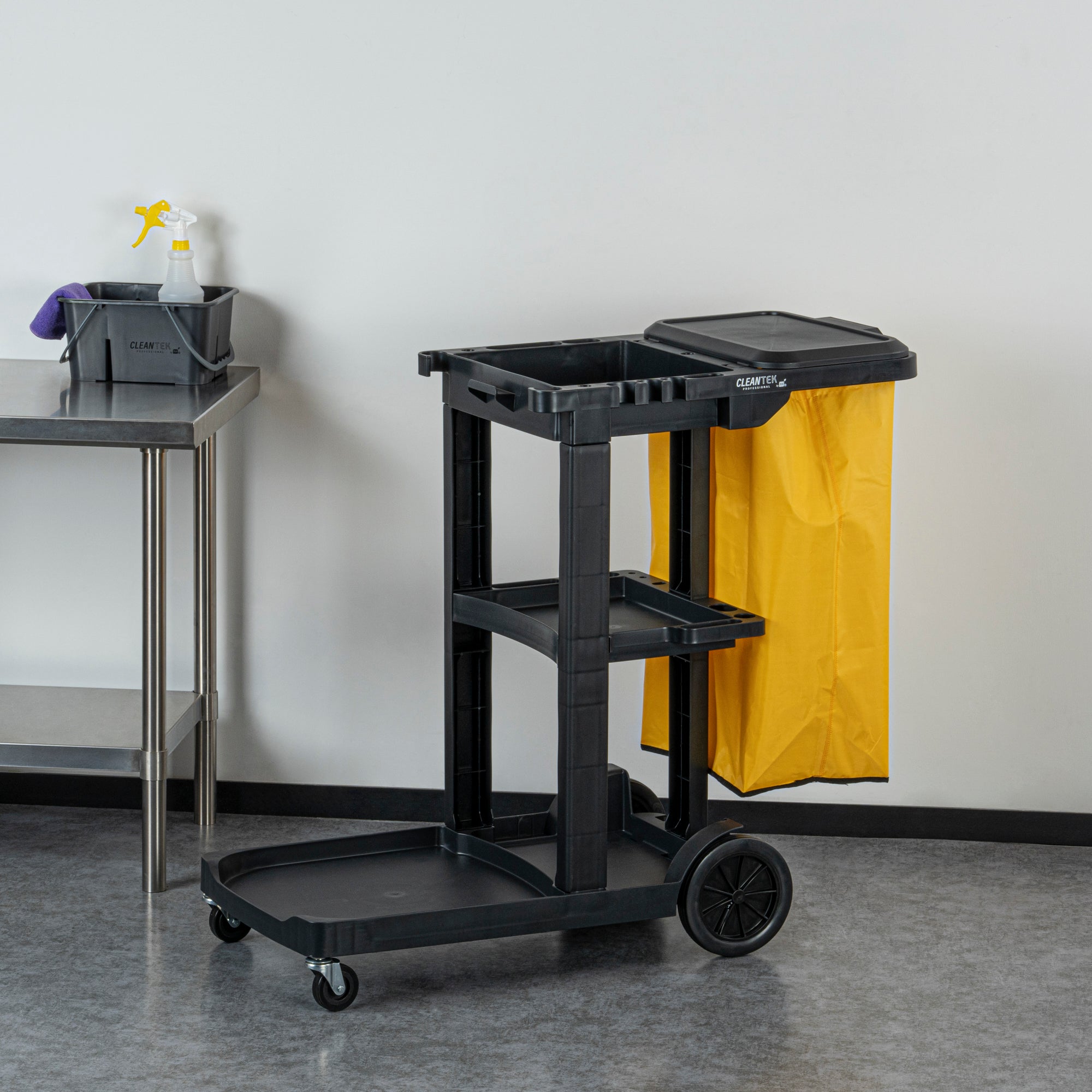 Clean Tek Professional Black 3-Shelf Janitor Cart - 18 gal Bag, Lid - 44" x 18 1/2" x 39" - 1 count box