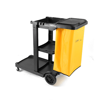 Clean Tek Professional Black 3-Shelf Janitor Cart - 18 gal Bag, Lid - 44" x 18 1/2" x 39" - 1 count box