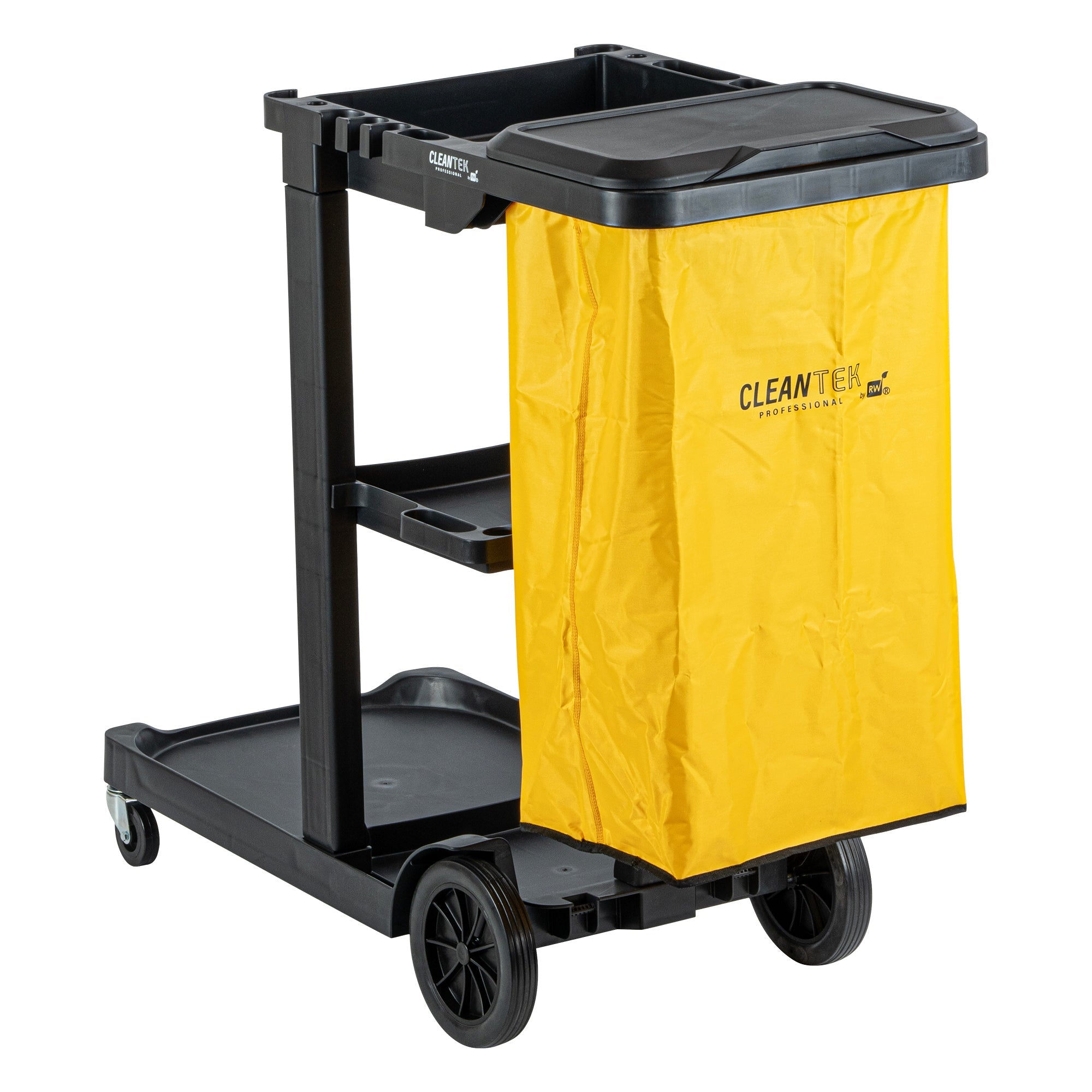 Clean Tek Professional Black 3-Shelf Janitor Cart - 18 gal Bag, Lid - 44" x 18 1/2" x 39" - 1 count box