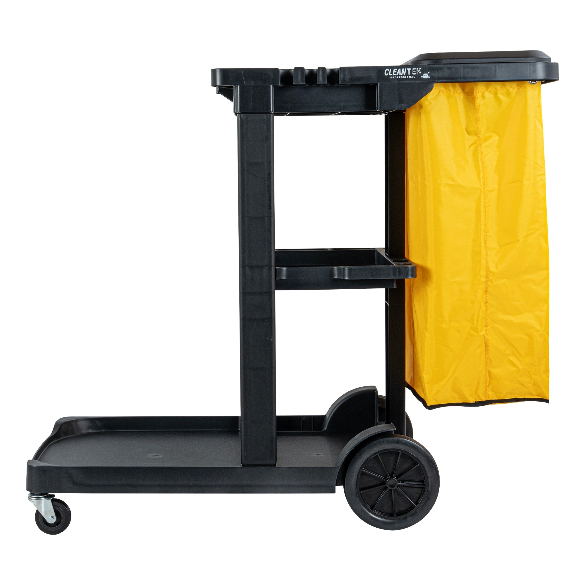 Clean Tek Professional Black 3-Shelf Janitor Cart - 18 gal Bag, Lid - 44" x 18 1/2" x 39" - 1 count box