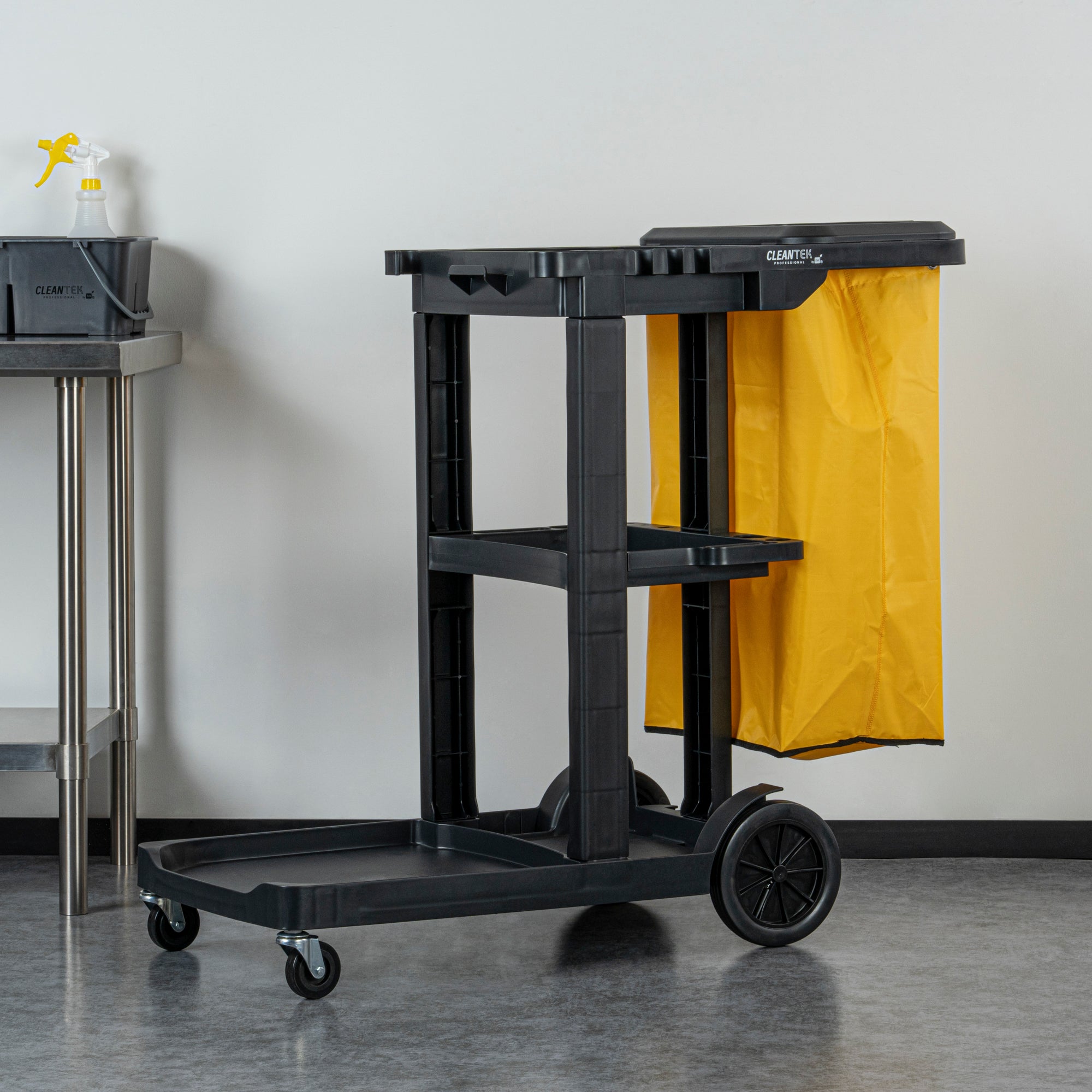Clean Tek Professional Black 3-Shelf Janitor Cart - 18 gal Bag, Lid - 44" x 18 1/2" x 39" - 1 count box