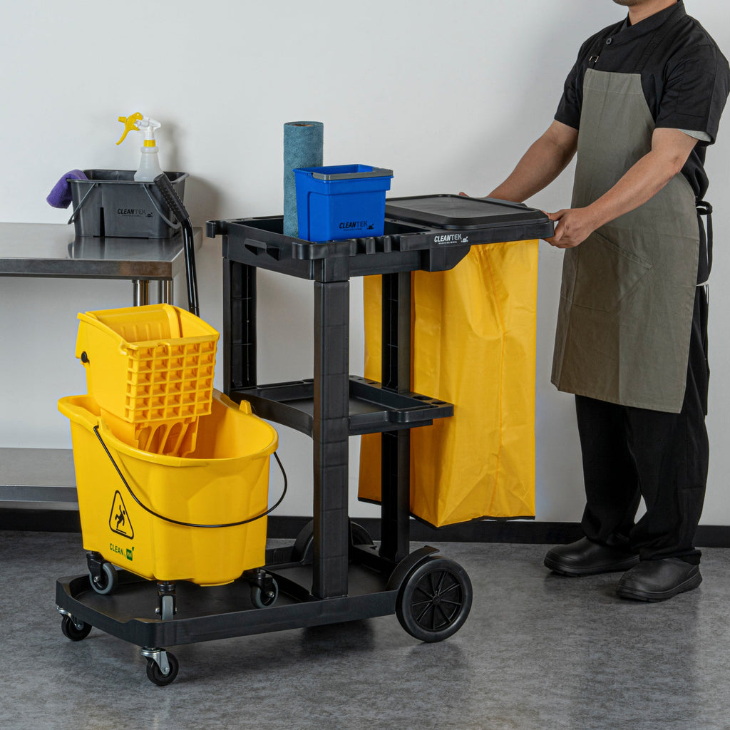 Clean Tek Professional Black 3-Shelf Janitor Cart - 18 gal Bag, Lid - 44" x 18 1/2" x 39" - 1 count box