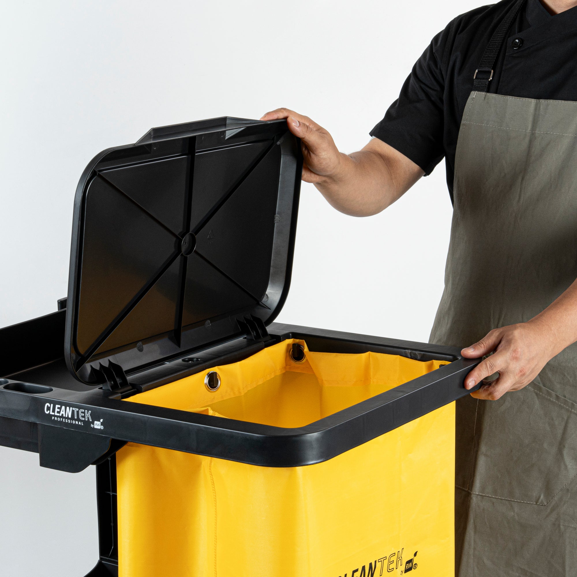Clean Tek Professional Black 3-Shelf Janitor Cart - 18 gal Bag, Lid - 44" x 18 1/2" x 39" - 1 count box