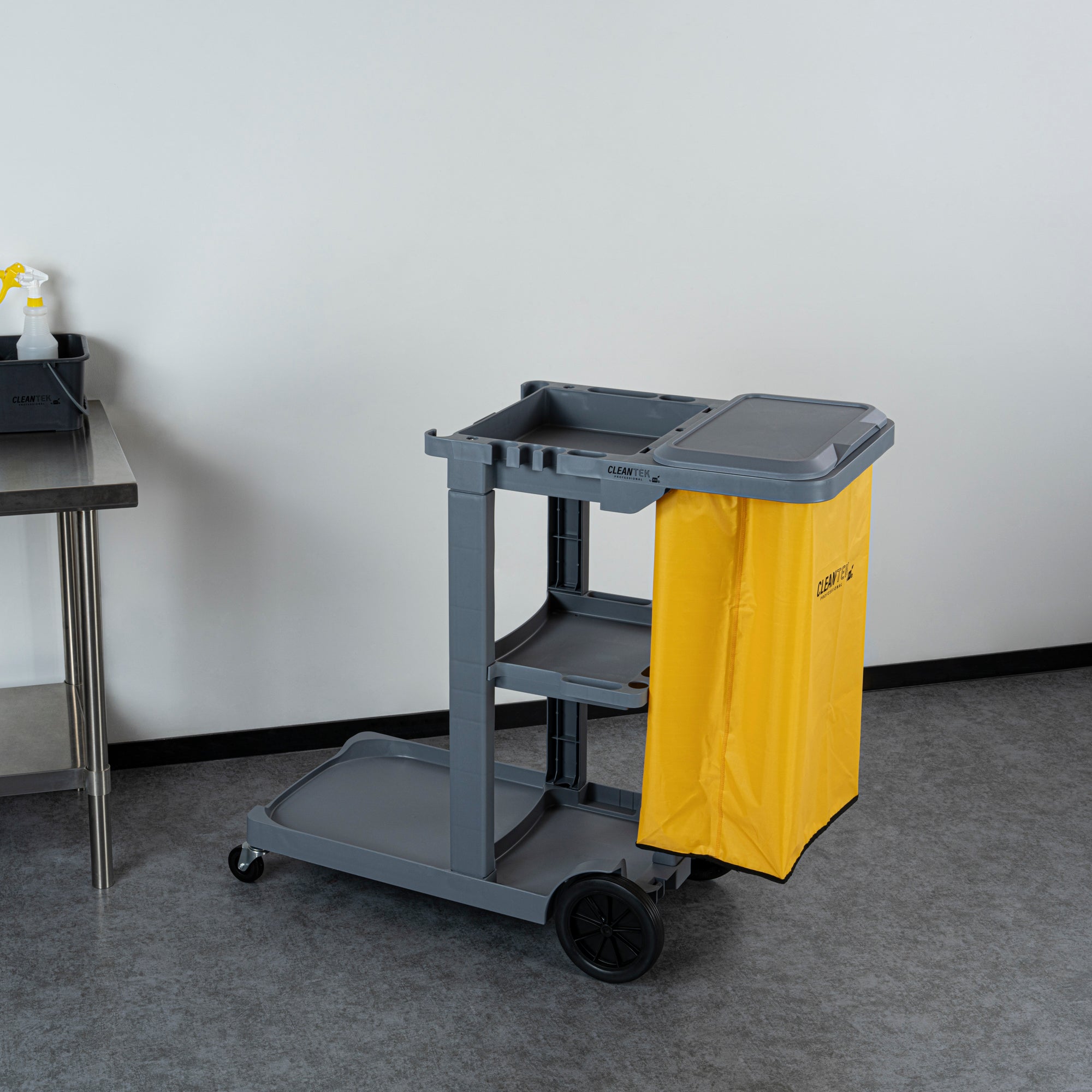 Clean Tek Professional Gray 3-Shelf Janitor Cart - 18 gal Bag, Lid - 44" x 18 1/2" x 39" - 1 count box