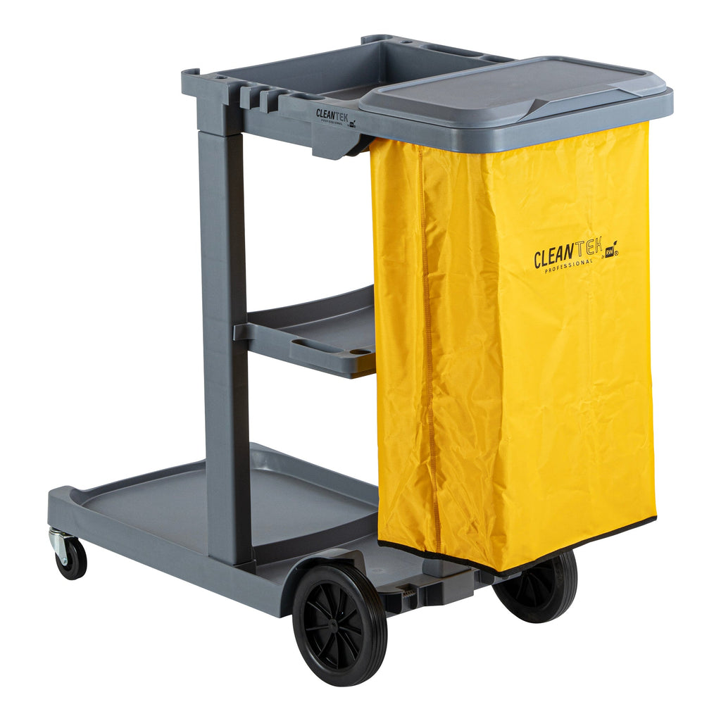 Clean Tek Professional Gray 3-Shelf Janitor Cart - 18 gal Bag, Lid - 44" x 18 1/2" x 39" - 1 count box