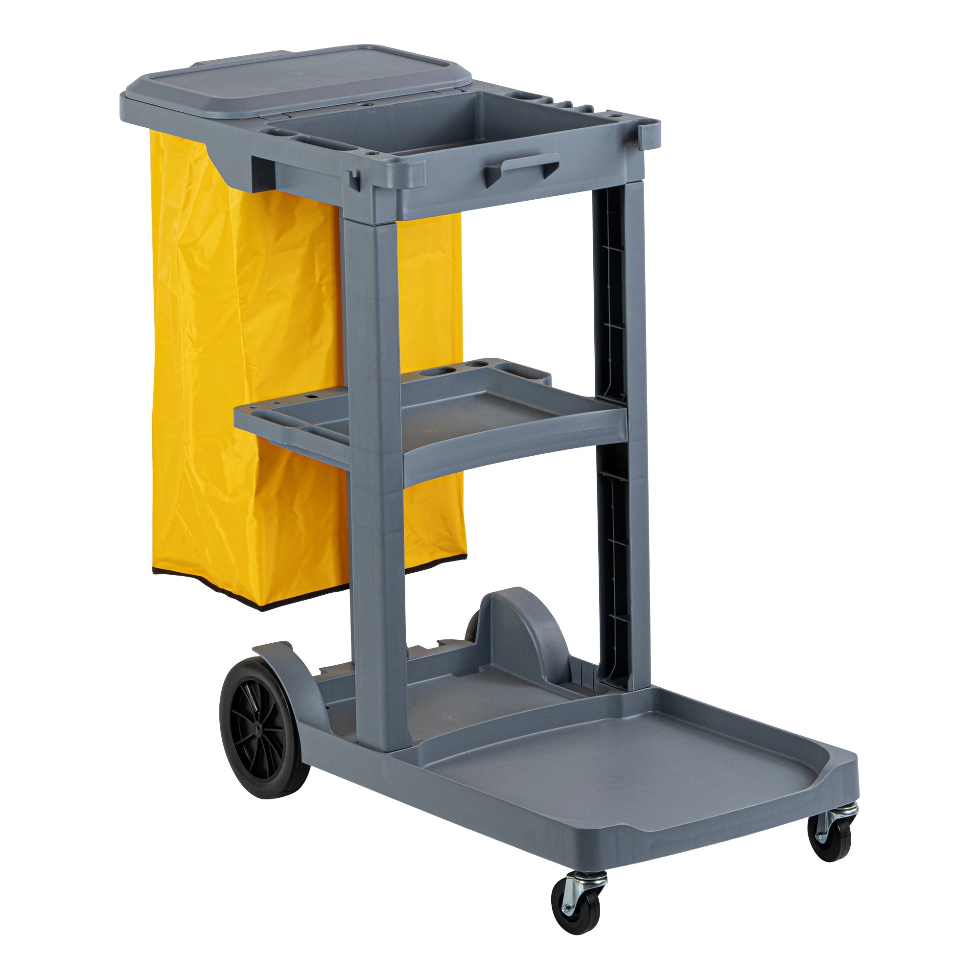 Clean Tek Professional Gray 3-Shelf Janitor Cart - 18 gal Bag, Lid - 44" x 18 1/2" x 39" - 1 count box