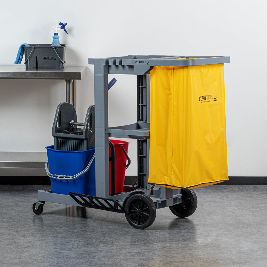 Clean Tek Professional Gray 3-Shelf Janitor Cart - 18 gal Bag, 2 Buckets, Wringer - 44" x 28" x 37 3/4" - 1 count box