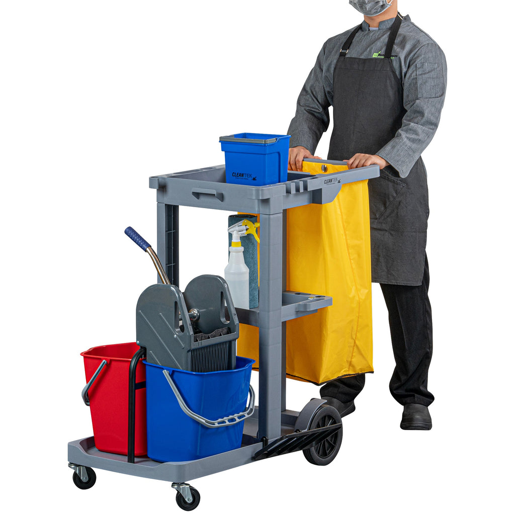 Clean Tek Professional Gray 3-Shelf Janitor Cart - 18 gal Bag, 2 Buckets, Wringer - 44" x 28" x 37 3/4" - 1 count box