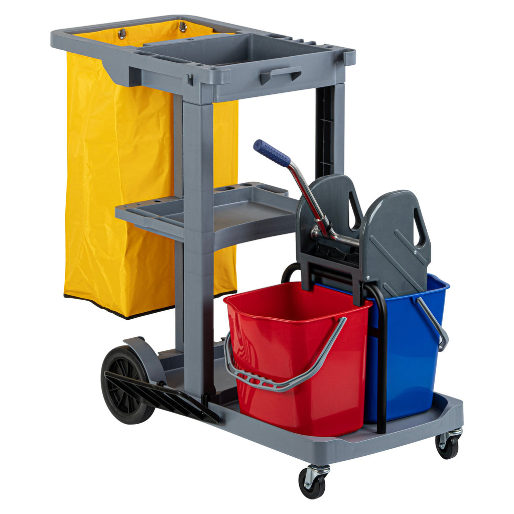 Clean Tek Professional Gray 3-Shelf Janitor Cart - 18 gal Bag, 2 Buckets, Wringer - 44" x 28" x 37 3/4" - 1 count box