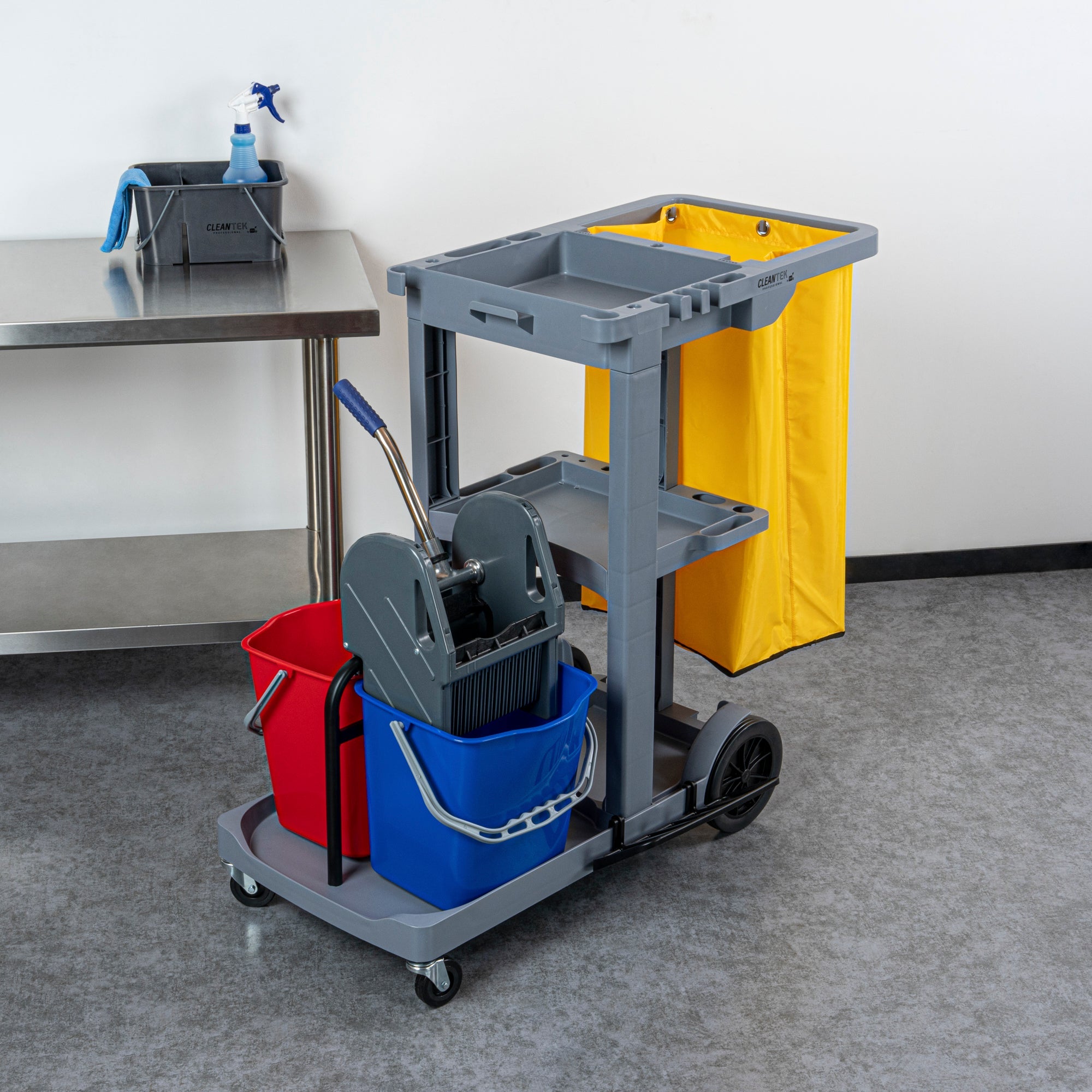 Clean Tek Professional Gray 3-Shelf Janitor Cart - 18 gal Bag, 2 Buckets, Wringer - 44" x 28" x 37 3/4" - 1 count box