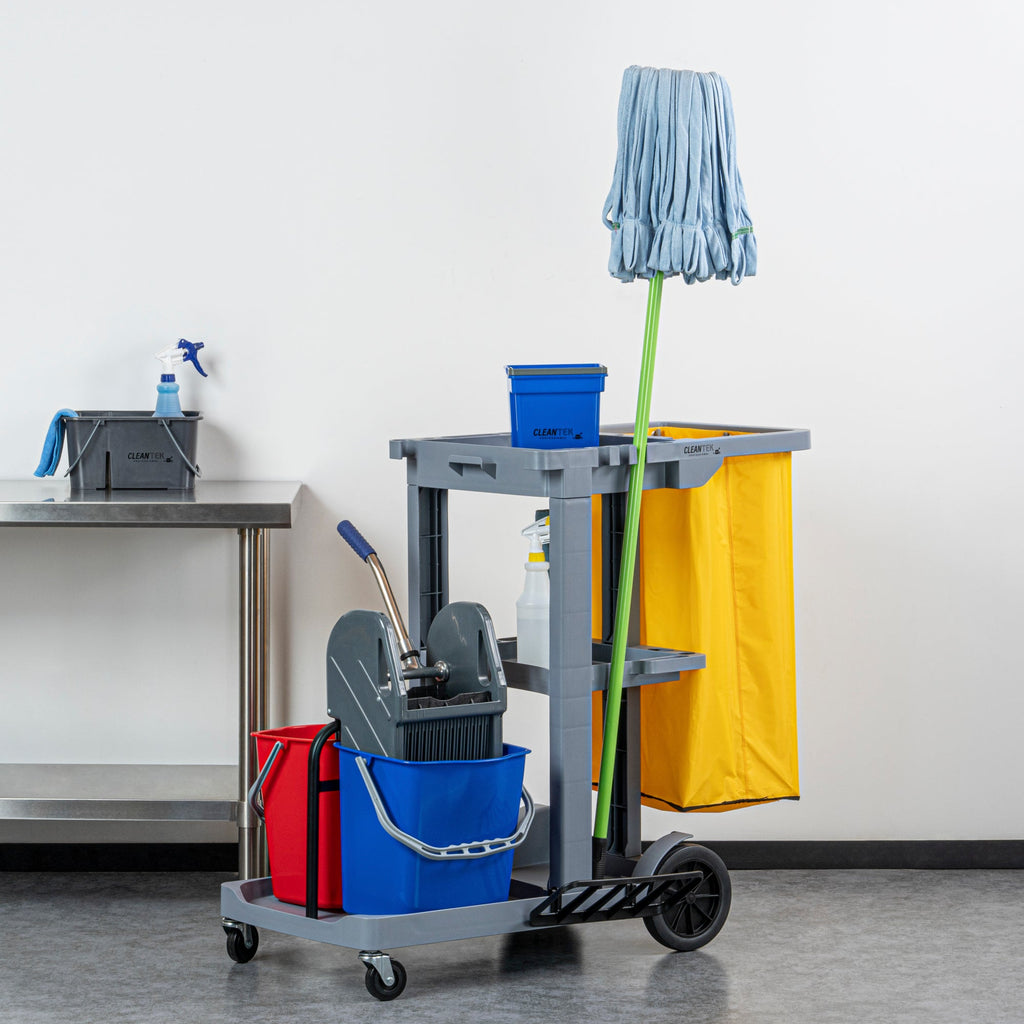 Clean Tek Professional Gray 3-Shelf Janitor Cart - 18 gal Bag, 2 Buckets, Wringer - 44" x 28" x 37 3/4" - 1 count box
