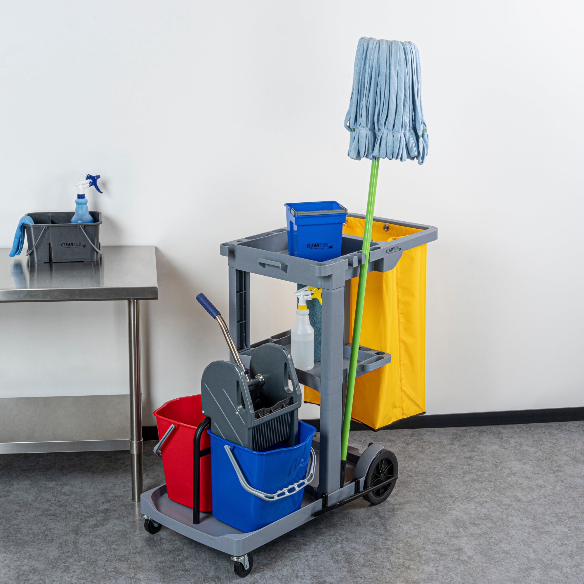 Clean Tek Professional Gray 3-Shelf Janitor Cart - 18 gal Bag, 2 Buckets, Wringer - 44" x 28" x 37 3/4" - 1 count box