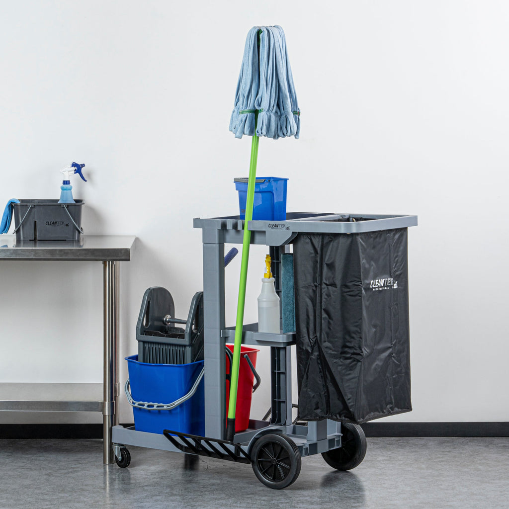 Clean Tek Professional Gray 3-Shelf Janitor Cart - 18 gal Bag, 2 Buckets, Wringer - 44" x 28" x 37 3/4" - 1 count box