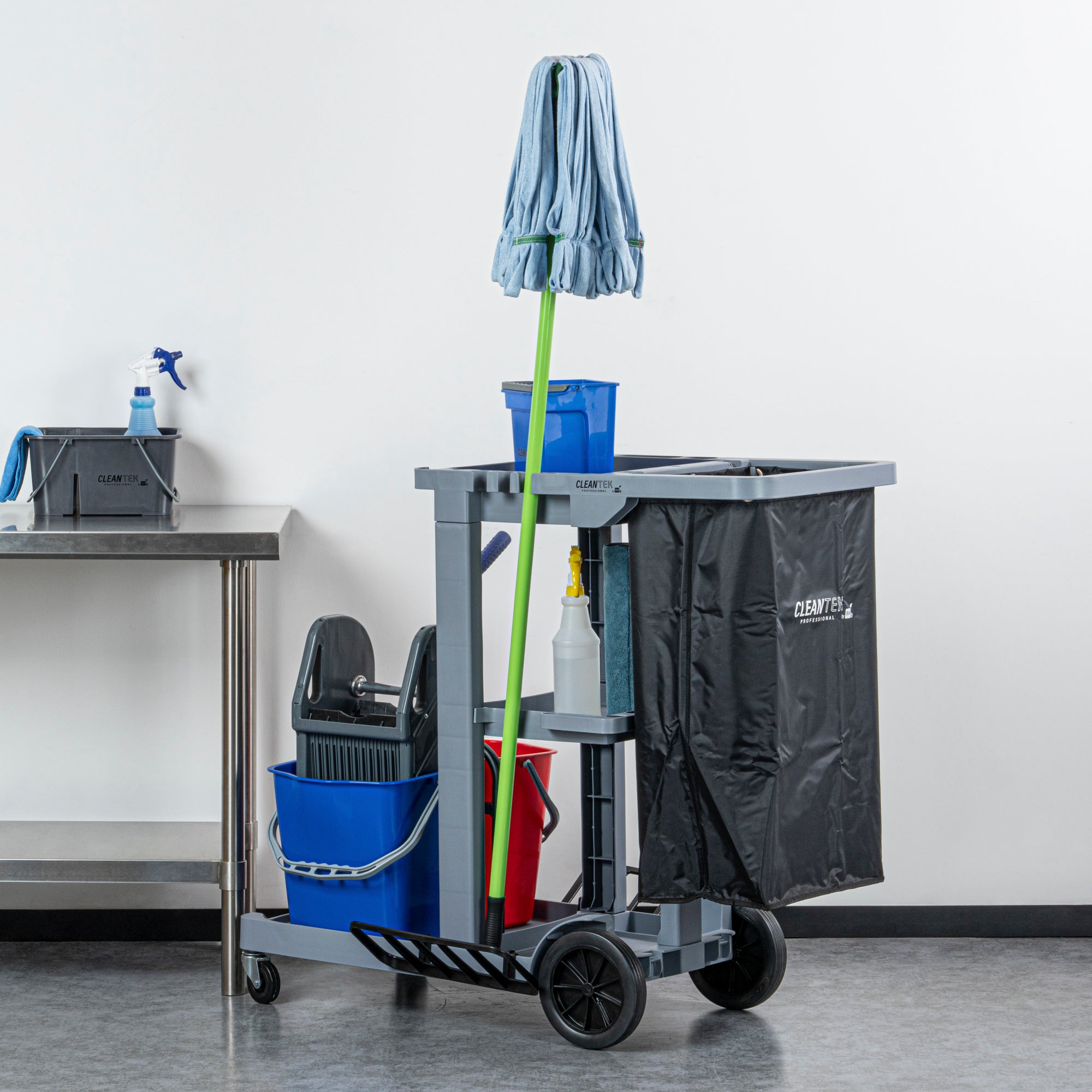 Clean Tek Professional Gray 3-Shelf Janitor Cart - 18 gal Bag, 2 Buckets, Wringer - 44" x 28" x 37 3/4" - 1 count box