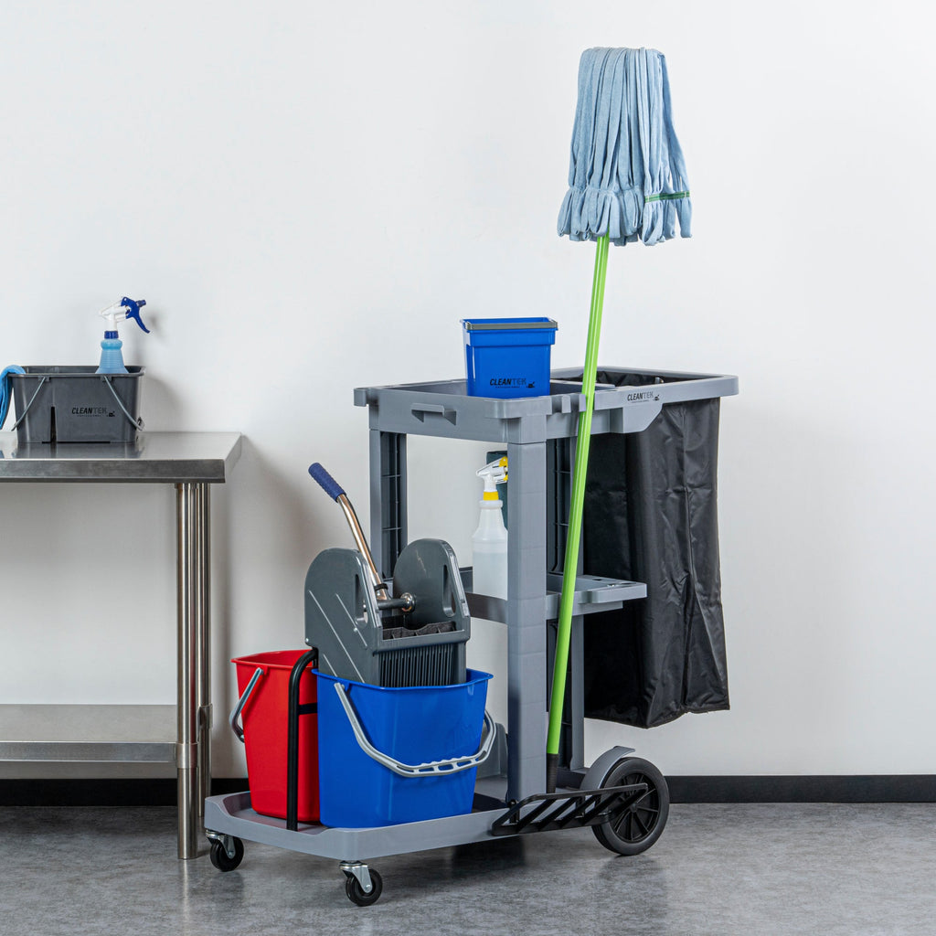 Clean Tek Professional Gray 3-Shelf Janitor Cart - 18 gal Bag, 2 Buckets, Wringer - 44" x 28" x 37 3/4" - 1 count box