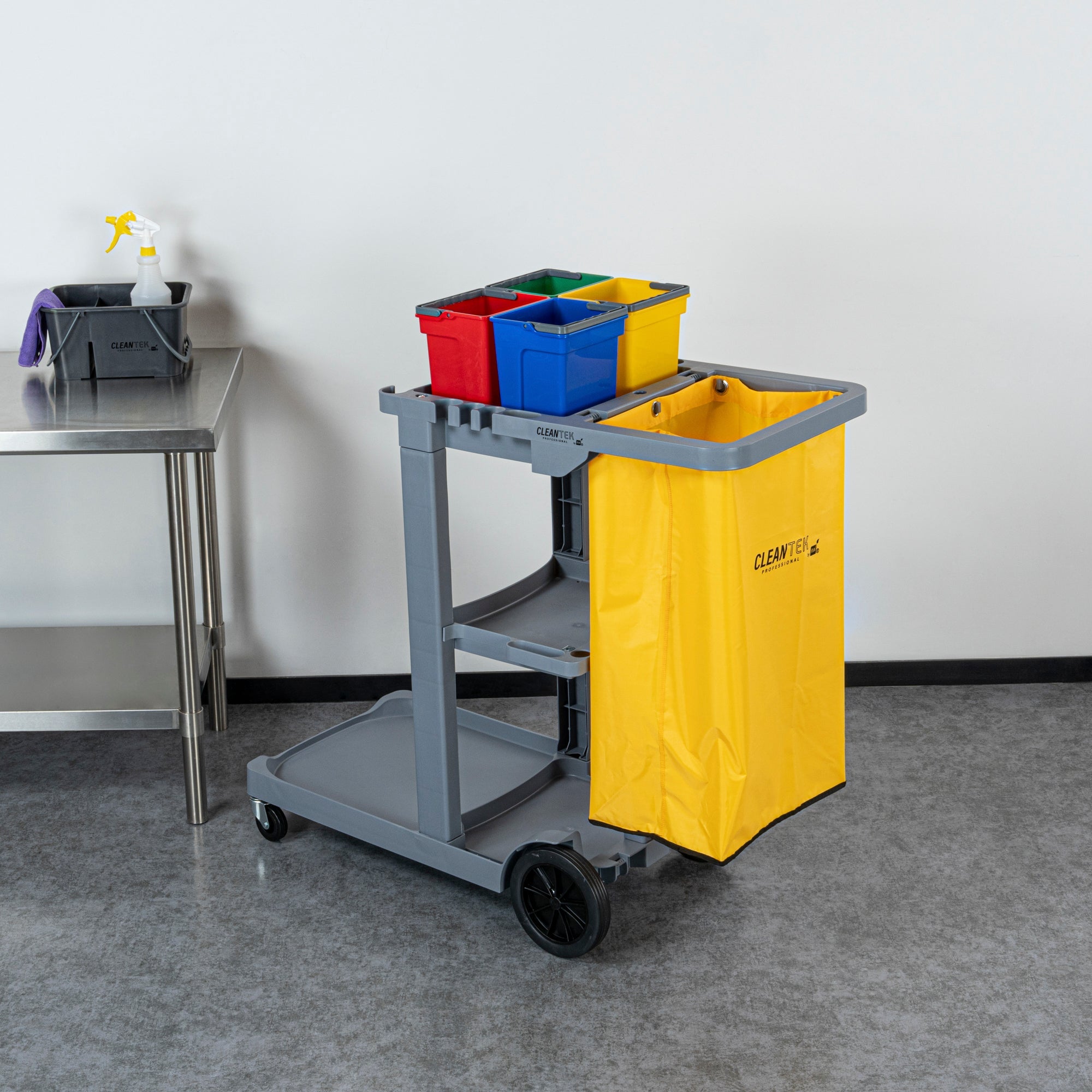 Clean Tek Professional Gray 3-Shelf Janitor Cart - 18 gal Bag, 4 Buckets - 44" x 18 1/2" x 43 1/4" - 1 count box