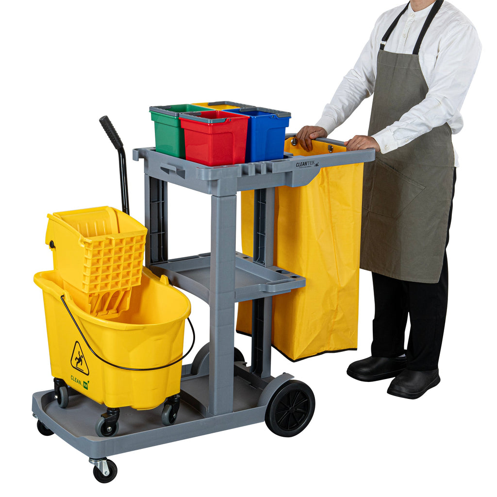 Clean Tek Professional Gray 3-Shelf Janitor Cart - 18 gal Bag, 4 Buckets - 44" x 18 1/2" x 43 1/4" - 1 count box