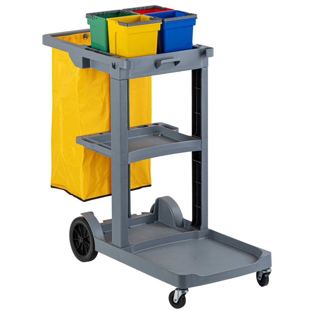 Clean Tek Professional Gray 3-Shelf Janitor Cart - 18 gal Bag, 4 Buckets - 44" x 18 1/2" x 43 1/4" - 1 count box