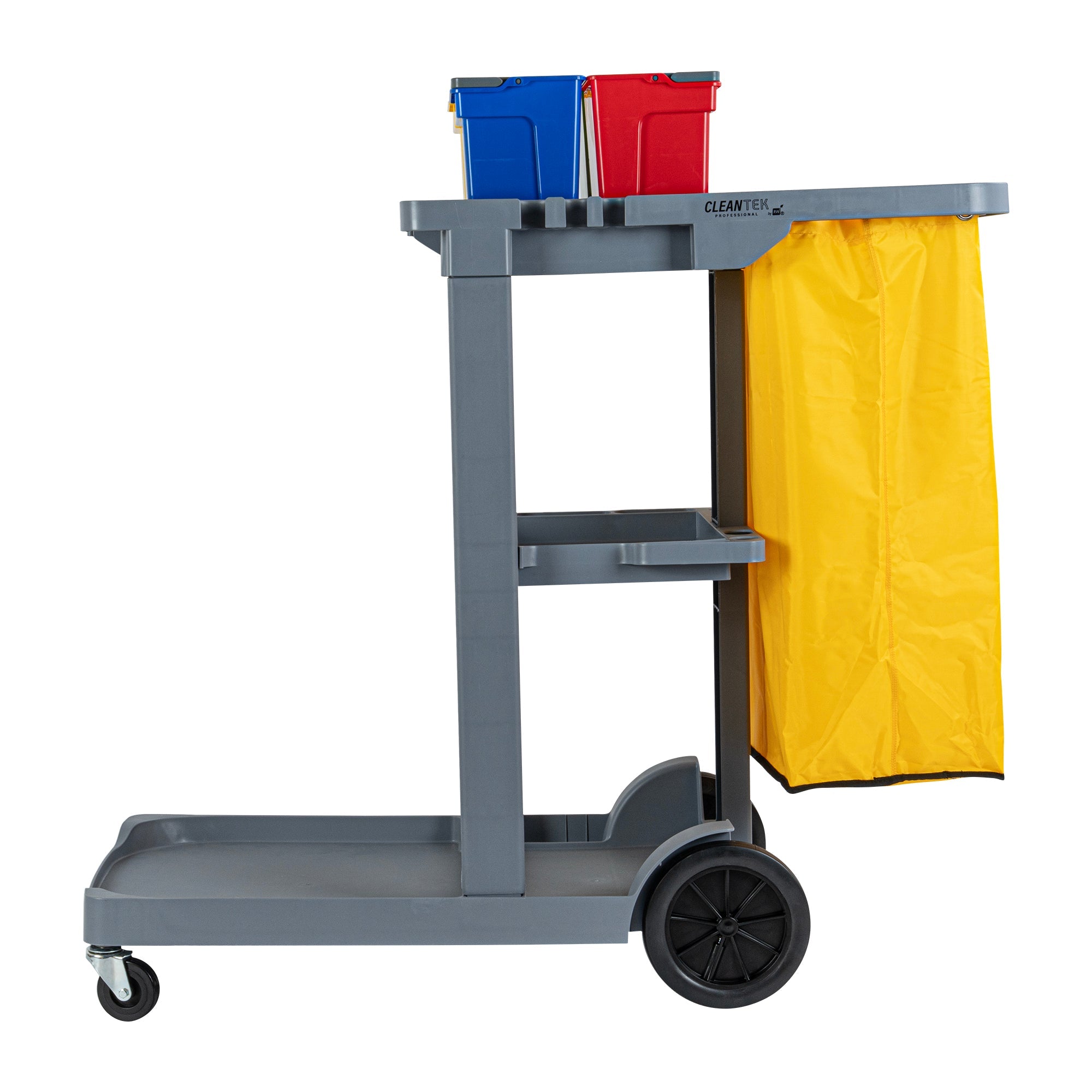Clean Tek Professional Gray 3-Shelf Janitor Cart - 18 gal Bag, 4 Buckets - 44" x 18 1/2" x 43 1/4" - 1 count box