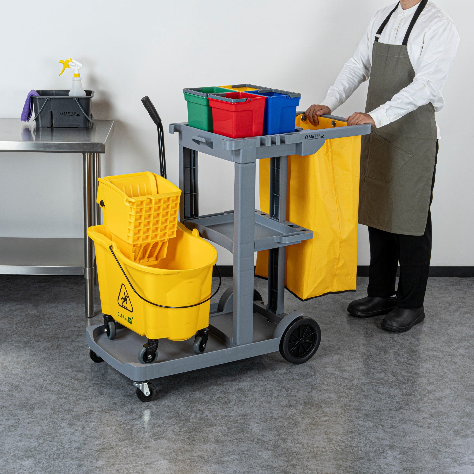 Clean Tek Professional Gray 3-Shelf Janitor Cart - 18 gal Bag, 4 Buckets - 44" x 18 1/2" x 43 1/4" - 1 count box