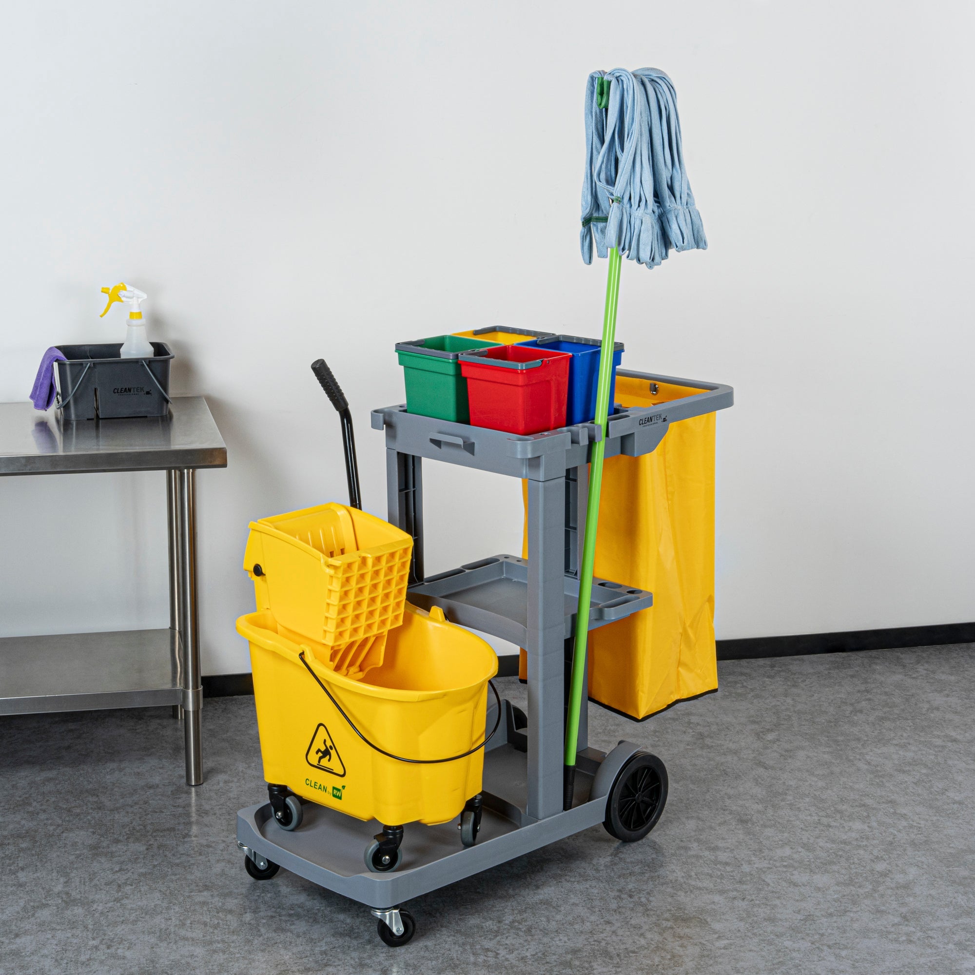 Clean Tek Professional Gray 3-Shelf Janitor Cart - 18 gal Bag, 4 Buckets - 44" x 18 1/2" x 43 1/4" - 1 count box