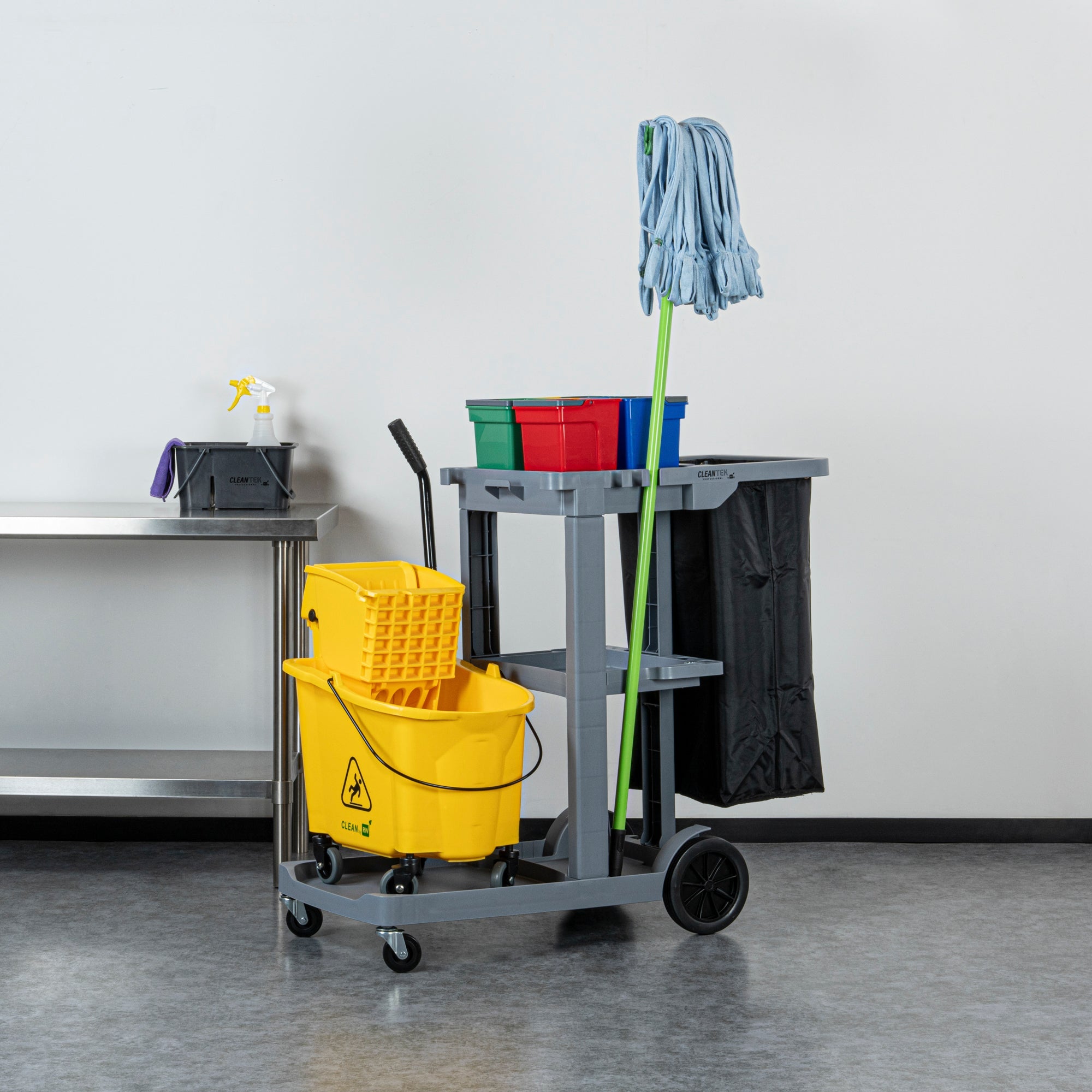 Clean Tek Professional Gray 3-Shelf Janitor Cart - 18 gal Bag, 4 Buckets - 44" x 18 1/2" x 43 1/4" - 1 count box