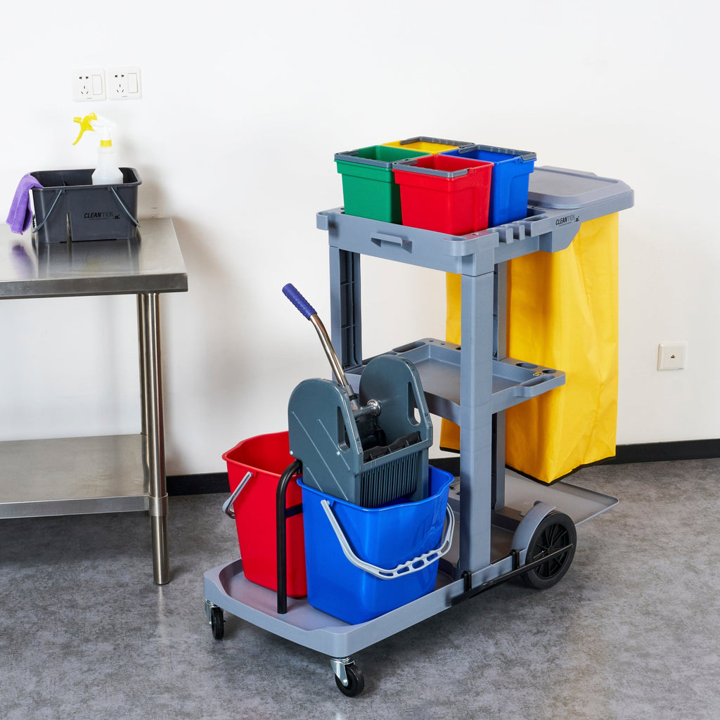 Clean Tek Professional Gray 3-Shelf Janitor Cart - 18 gal Bag, Lid, 6 Buckets and 1 Wringer - 44" x 28" x 43 1/4" - 1 count box