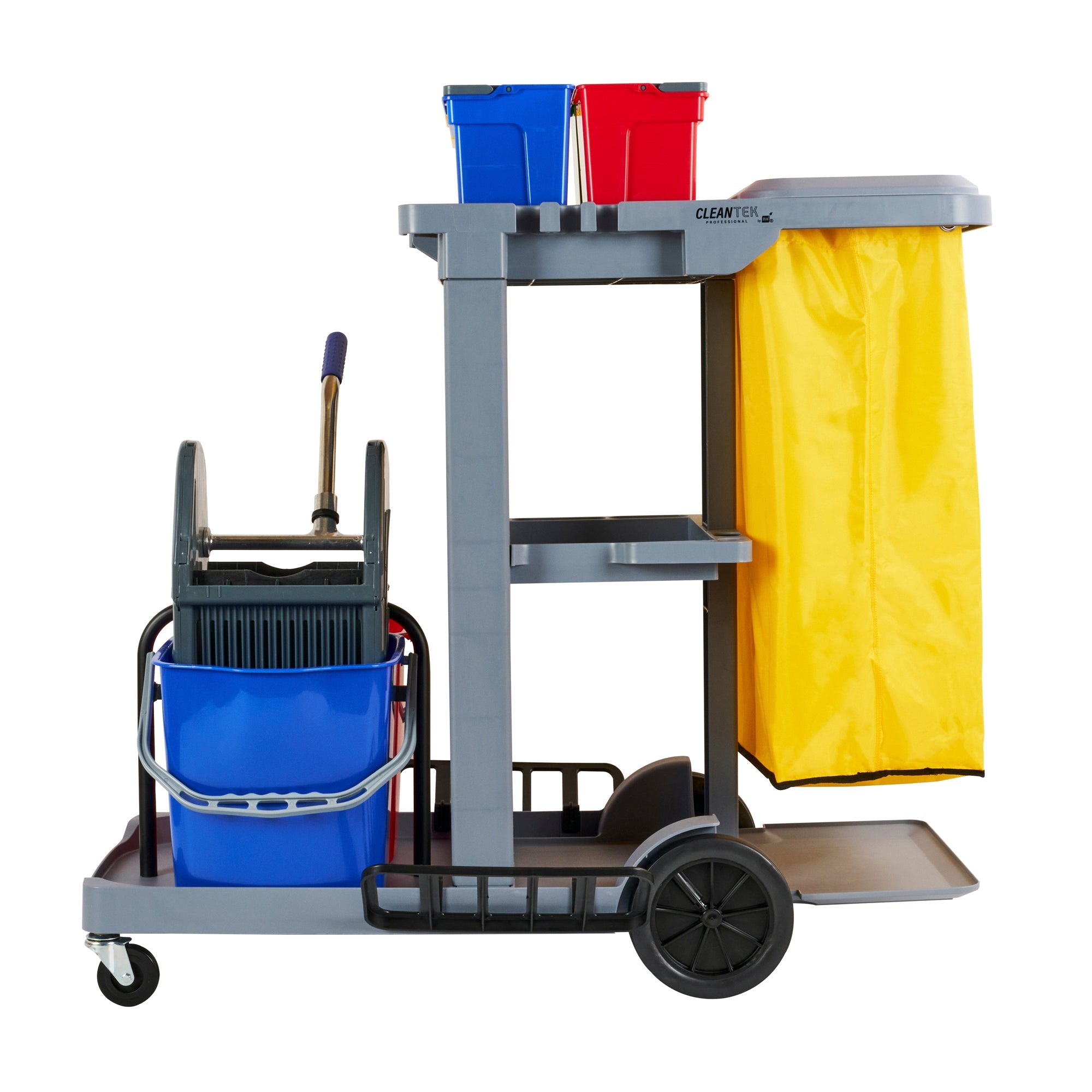 Clean Tek Professional Gray 3-Shelf Janitor Cart - 18 gal Bag, Lid, 6 Buckets and 1 Wringer - 44" x 28" x 43 1/4" - 1 count box