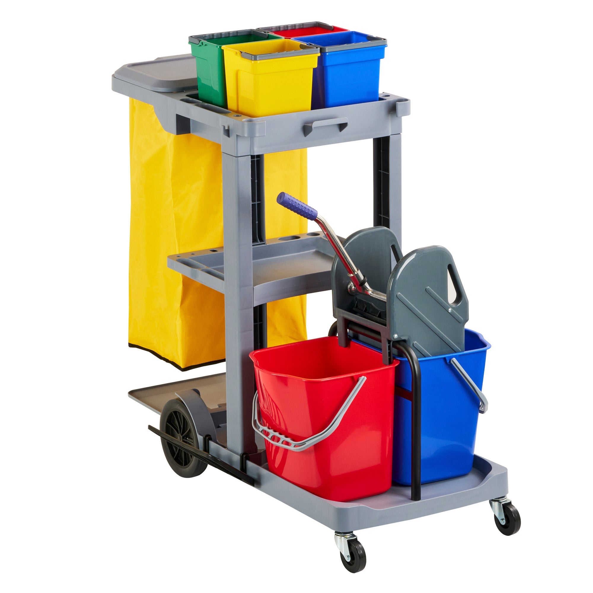 Clean Tek Professional Gray 3-Shelf Janitor Cart - 18 gal Bag, Lid, 6 Buckets and 1 Wringer - 44" x 28" x 43 1/4" - 1 count box