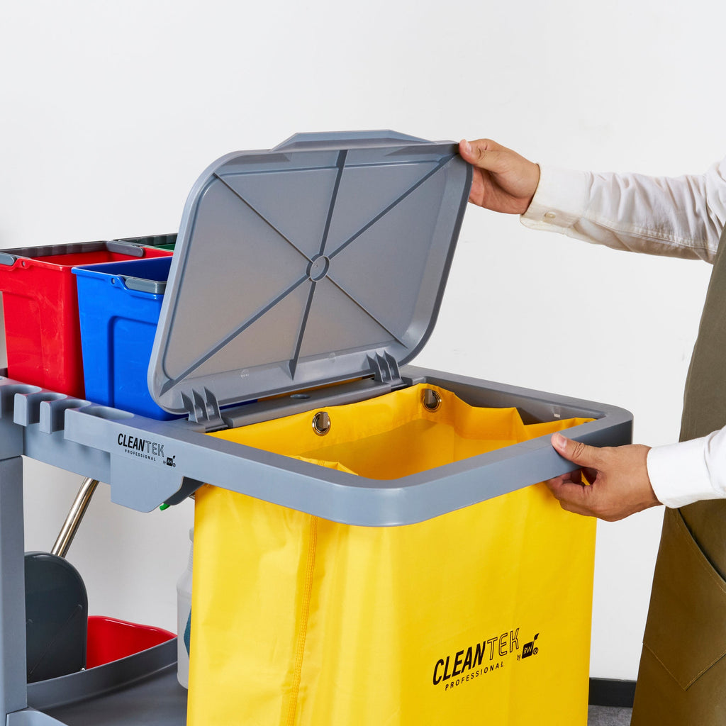 Clean Tek Professional Gray 3-Shelf Janitor Cart - 18 gal Bag, Lid, 6 Buckets and 1 Wringer - 44" x 28" x 43 1/4" - 1 count box