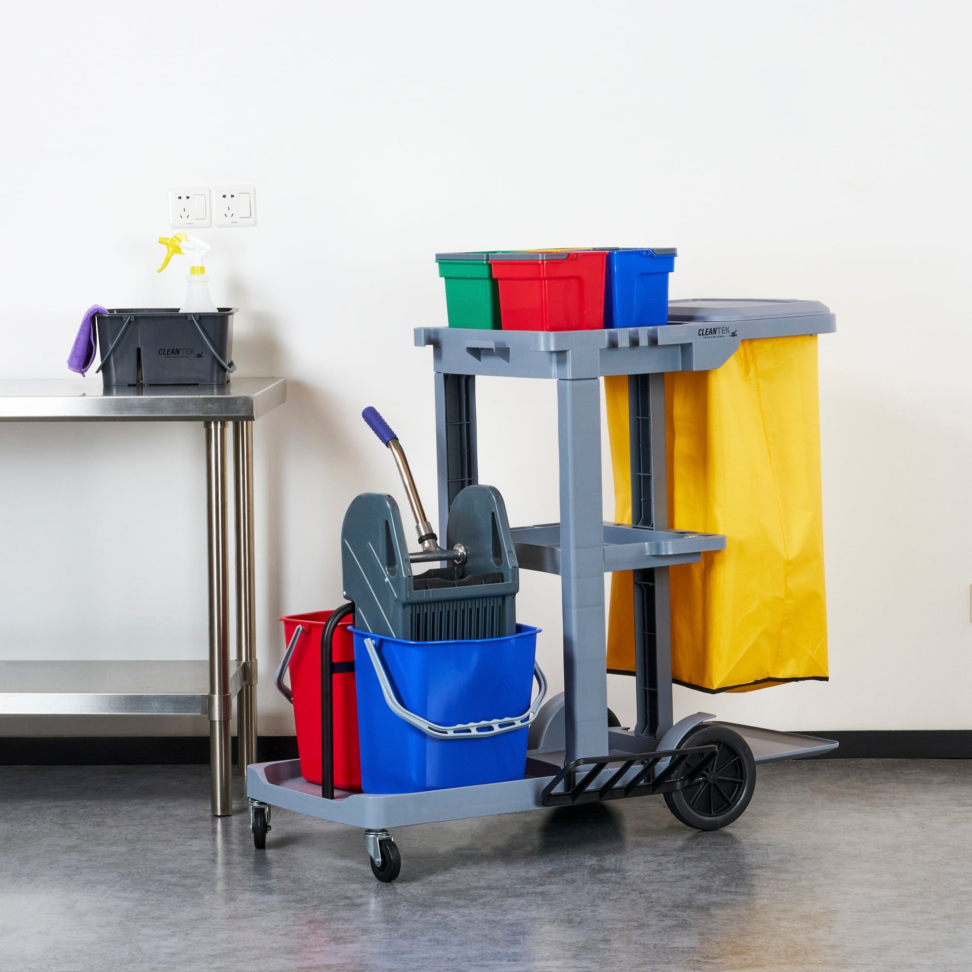 Clean Tek Professional Gray 3-Shelf Janitor Cart - 18 gal Bag, Lid, 6 Buckets and 1 Wringer - 44" x 28" x 43 1/4" - 1 count box