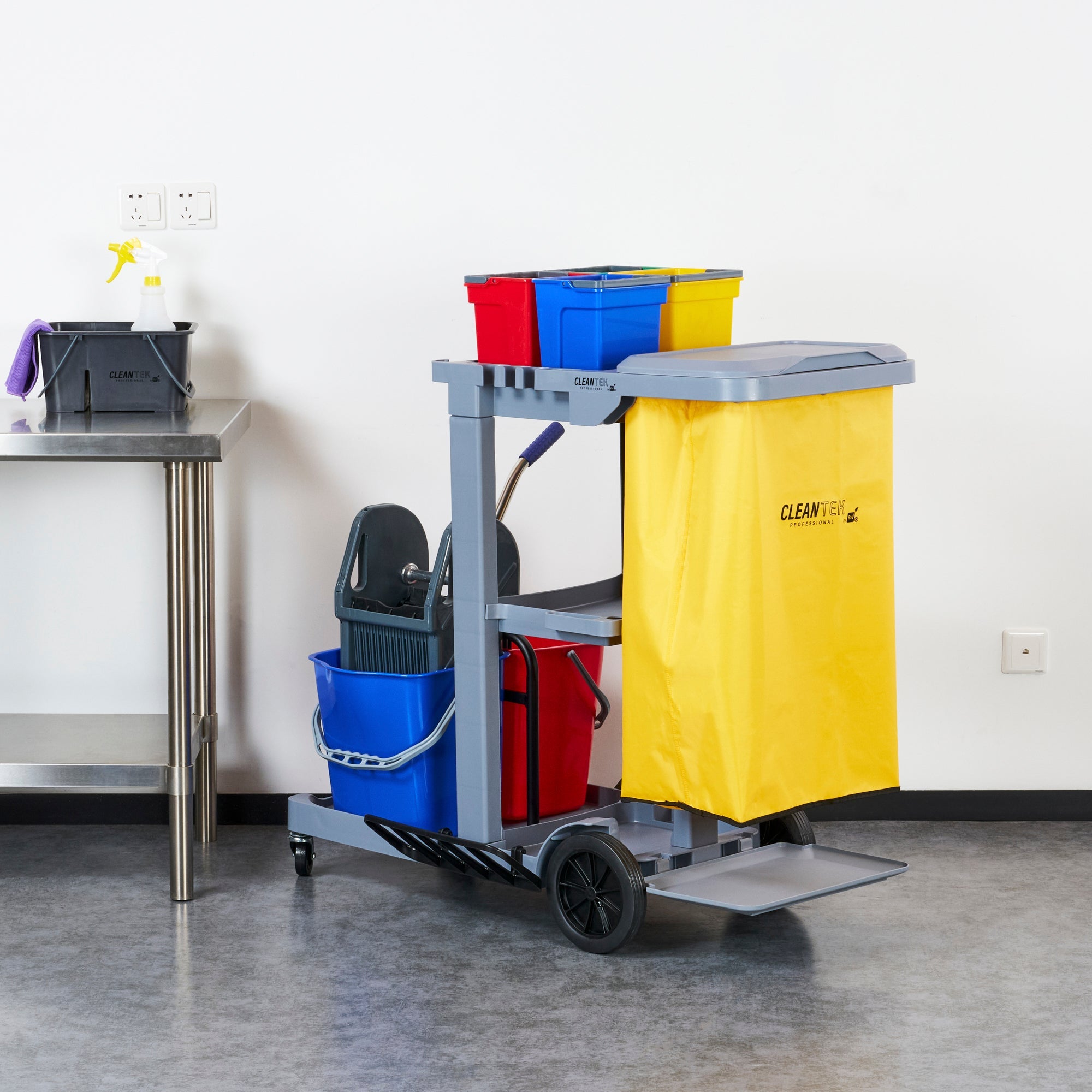 Clean Tek Professional Gray 3-Shelf Janitor Cart - 18 gal Bag, Lid, 6 Buckets and 1 Wringer - 44" x 28" x 43 1/4" - 1 count box