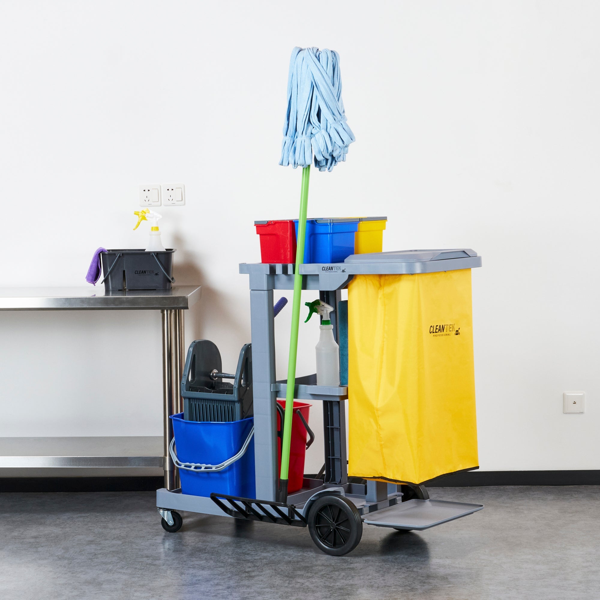 Clean Tek Professional Gray 3-Shelf Janitor Cart - 18 gal Bag, Lid, 6 Buckets and 1 Wringer - 44" x 28" x 43 1/4" - 1 count box