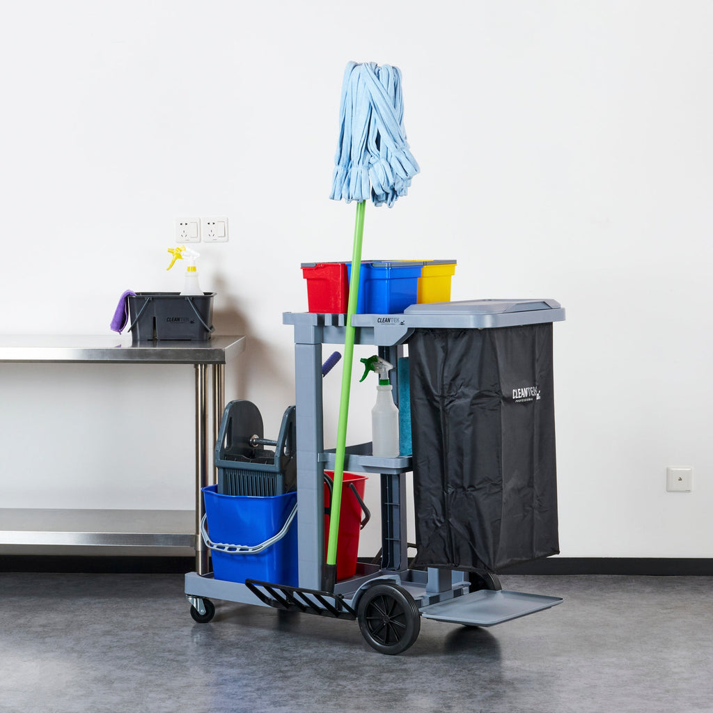Clean Tek Professional Gray 3-Shelf Janitor Cart - 18 gal Bag, Lid, 6 Buckets and 1 Wringer - 44" x 28" x 43 1/4" - 1 count box